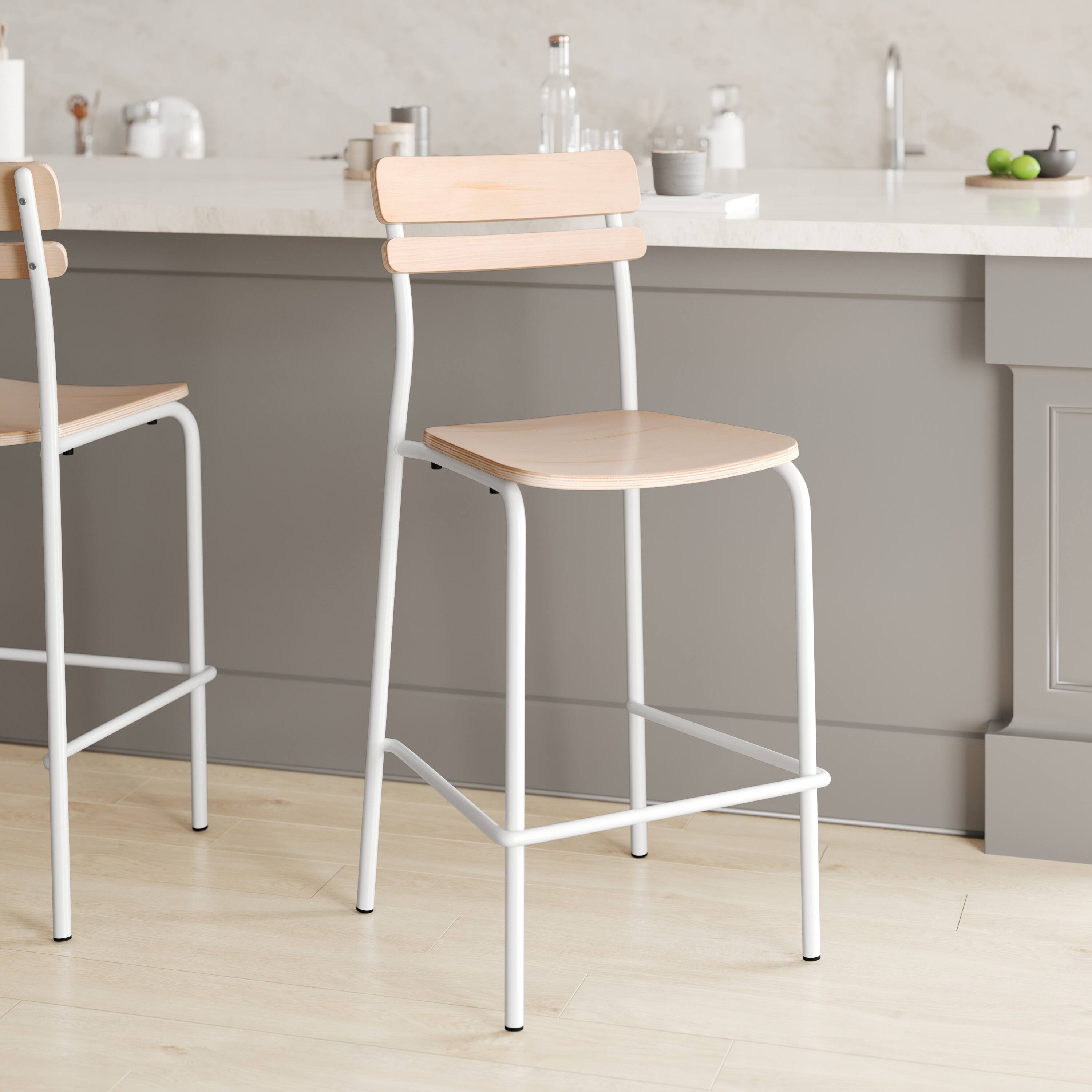 Alt View 1. Emma + Oliver - Blanchard Bar Stool with Metal Frame and Solid Wood Seat and Back with Antique Finish - Antique White.