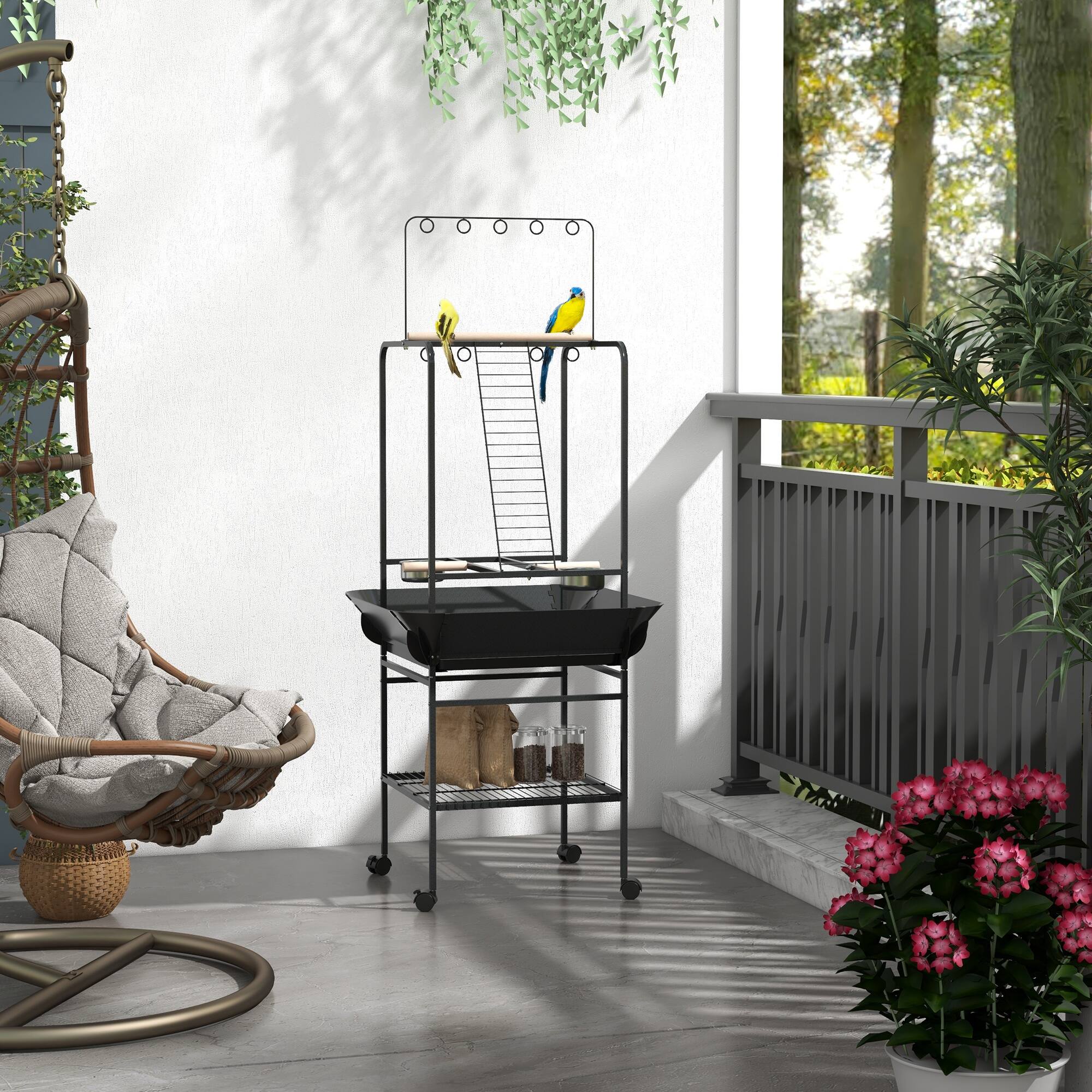 Angle. Pawhut - Bird Stand with Wheels, Perches, Stainless Steel Feed Bowls, Pull-Out Tray, Toy Hanger, Indoor Outdoor Parrot - Gray.