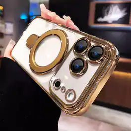 UUCOVER - Magnetic Case for iPhone 18 Pro Max,Shockproof TPU+PC Clear Case Ring Stand Compatible with MagSafe Camera Lens Cover - Gold