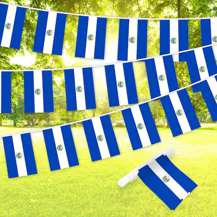 Front. G128 - El Salvador Salvadoran Bunting Banner, 33 ft with 38 Mini Flags, 150D Polyester - Assorted Colors.