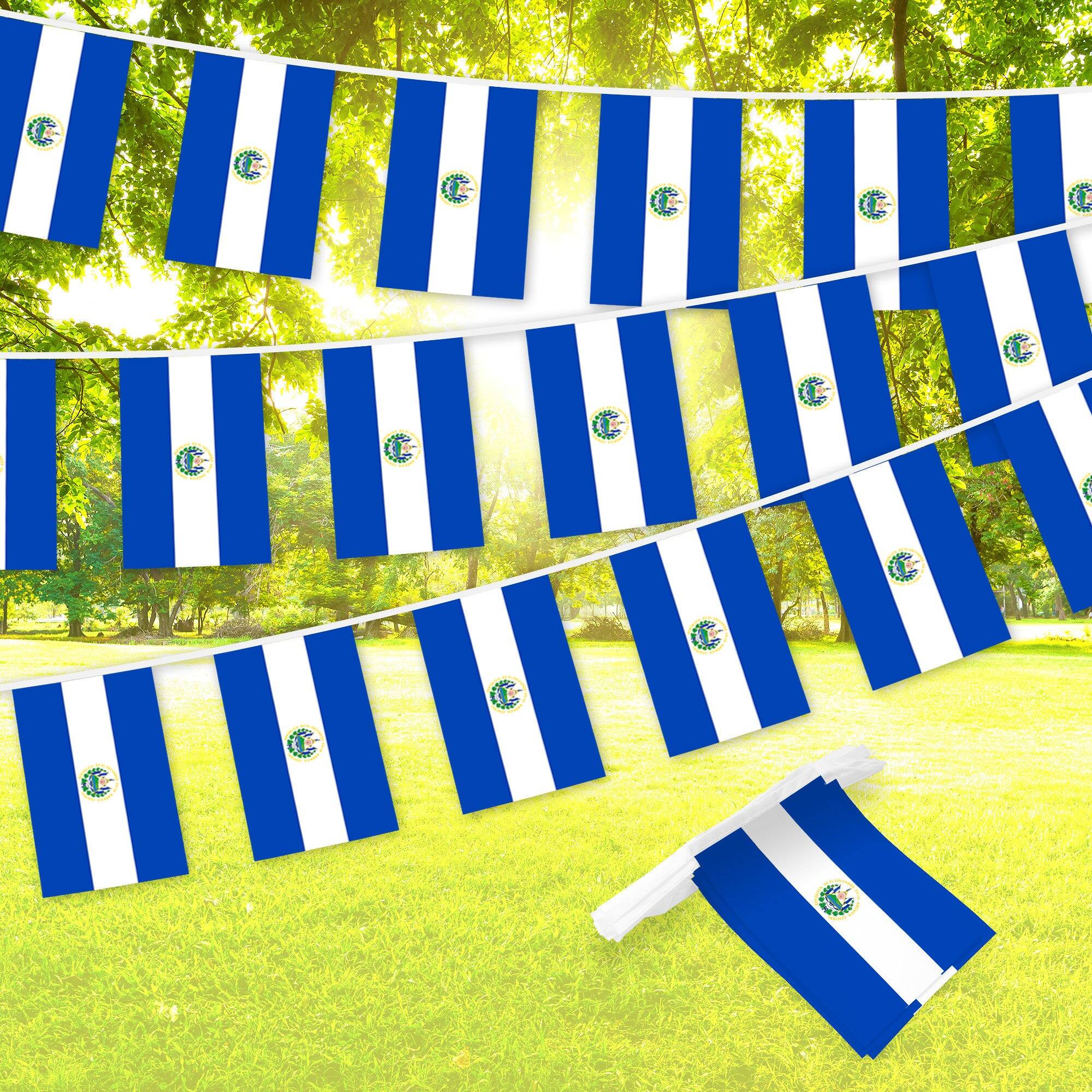 Front. G128 - El Salvador Salvadoran Bunting Banner, 33 ft with 38 Mini Flags, 150D Polyester - Assorted Colors.
