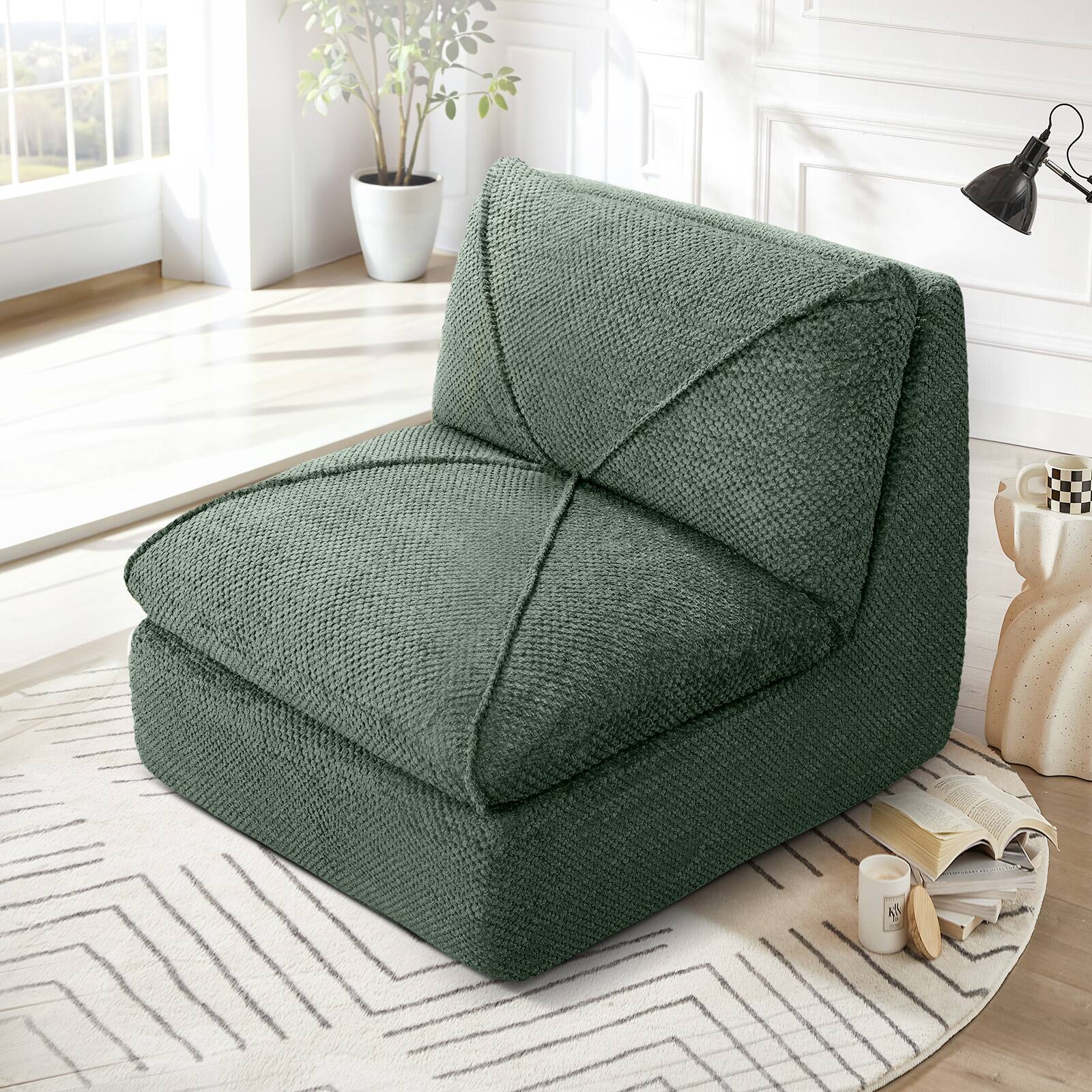 Alt View 3. KERDOM - 29'' W Armless Leisure Single Sofa, Cotton-linen Tufted Lazy Sofa Chair Ergonomic Bean Bag Sofa, Mini Sofa for Apartment - Olive Green.