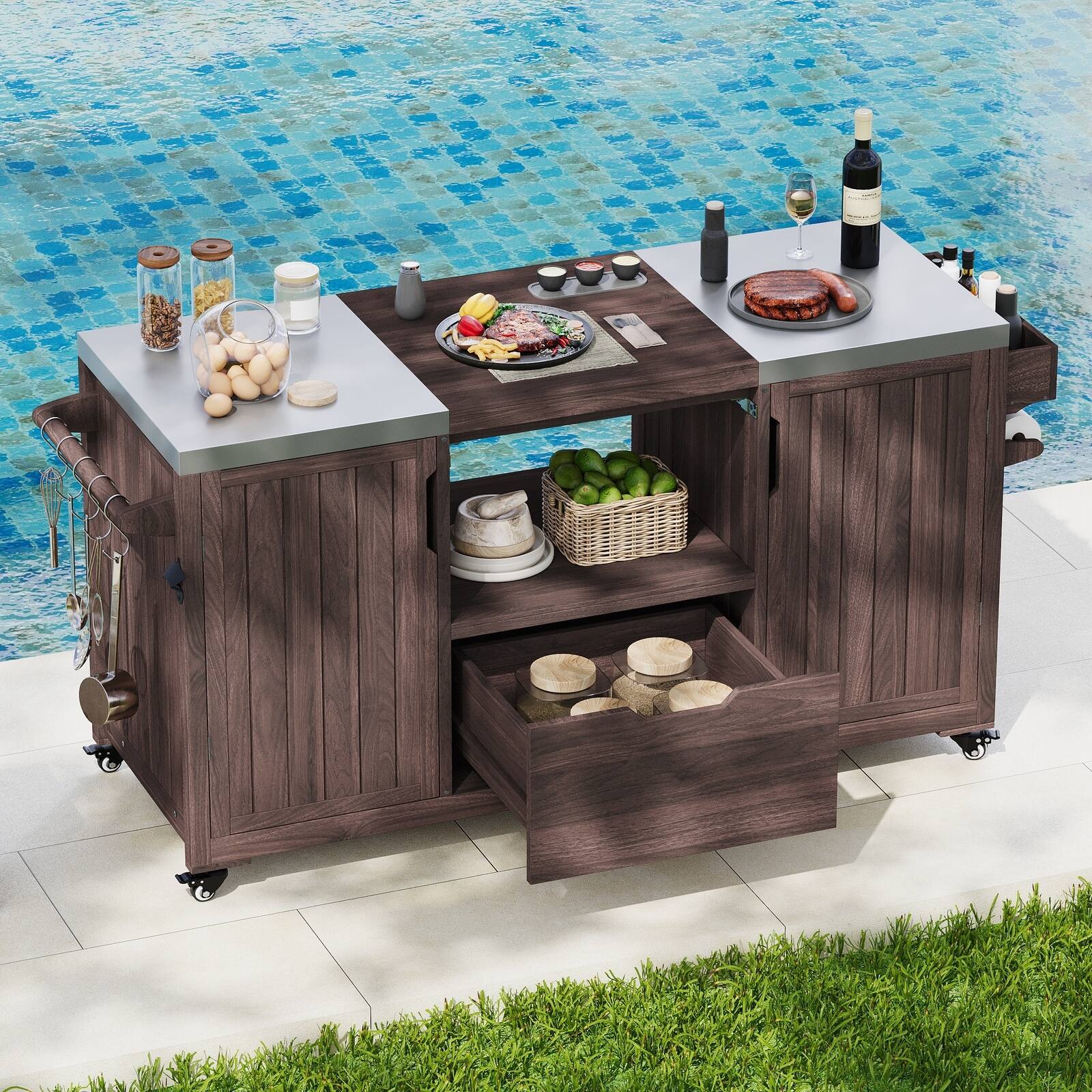 Angle. Spaco - Spaco 67" Outdoor Kitchen Island Cart for Big Green Egg Grills, Teak Stainless Top, Drawer Storage, for Kitchen, Outdoor - Brown.