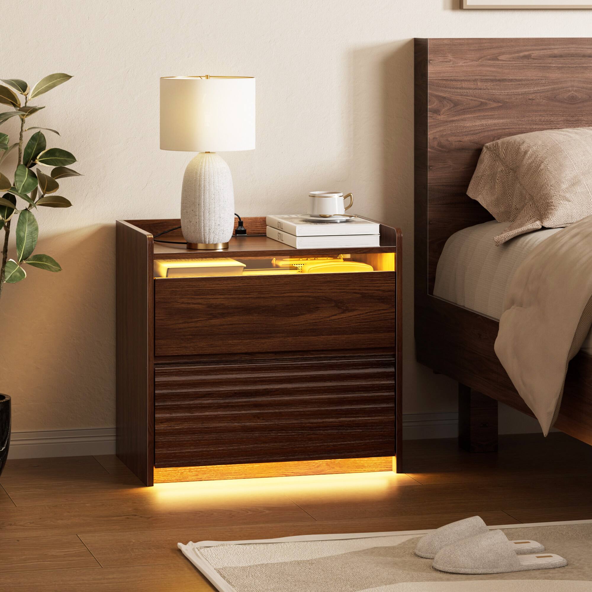 Alt View 2. Furnulem - LED Nightstand with Charging Station Wood Bedside Table with Ribbed Drawer Front - Brown.