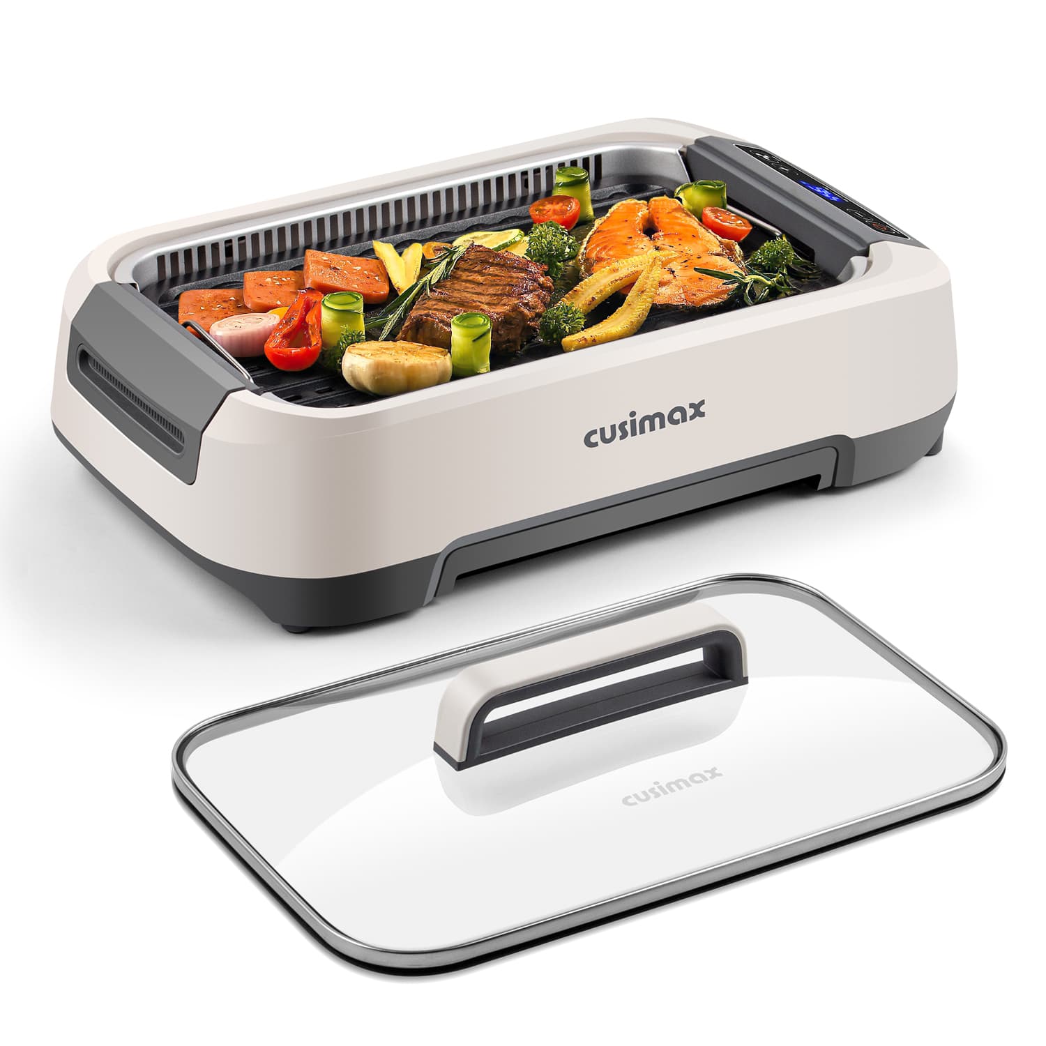 Cusimax - 1500W Smokeless Indoor Grill With LED Smart Display Nonstick Removable Plate Turbo Smoke Extractor For Home Apt - White