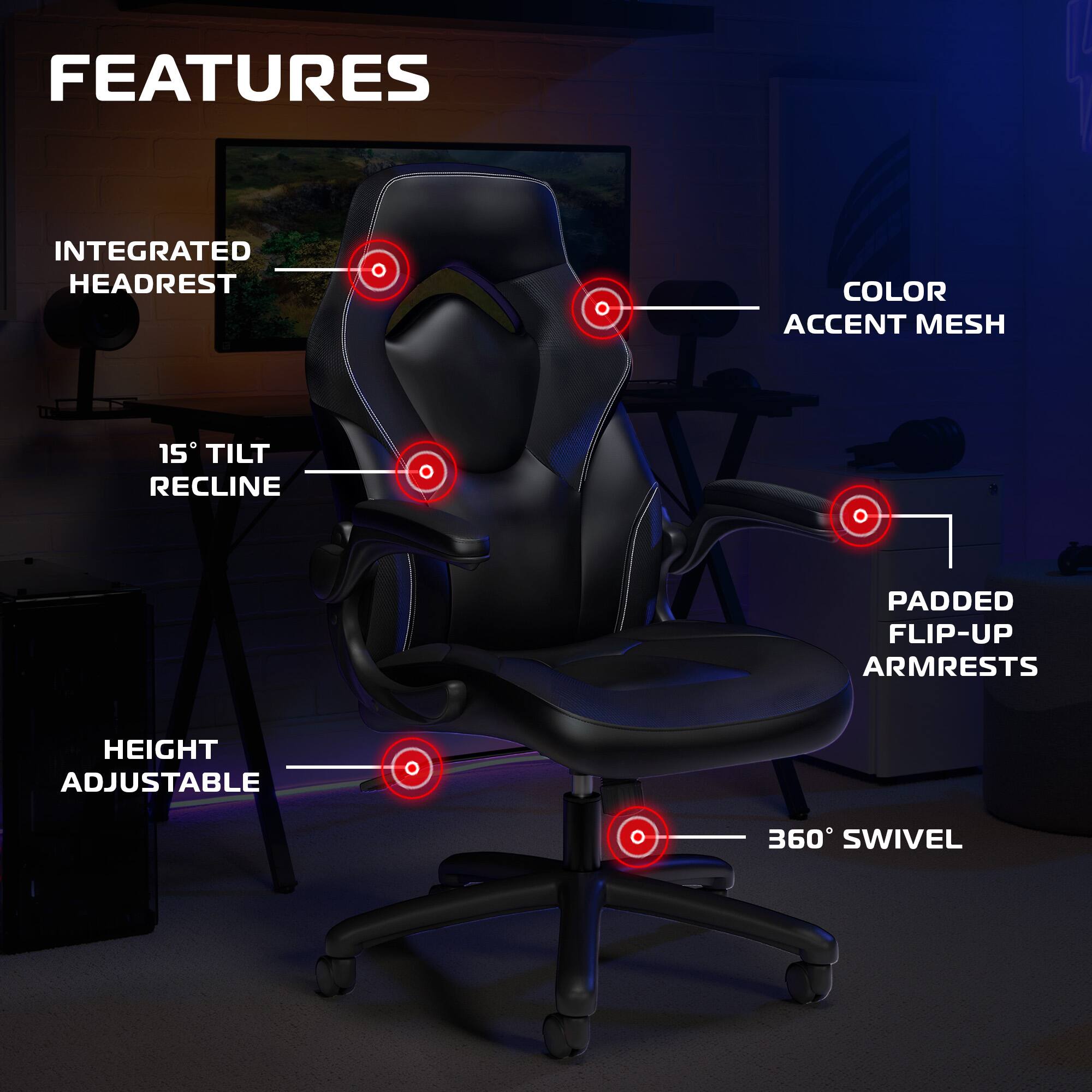 Sure, here is the corrected and grouped text from the image:

**FEATURES**

- **INTEGRATED HEADREST**
- **15° TILT RECLINE**
- **HEIGHT ADJUSTABLE**
- **360° SWIVEL**
- **COLOR ACCENT MESH**
- **PADDED FLIP-UP ARMRESTS**