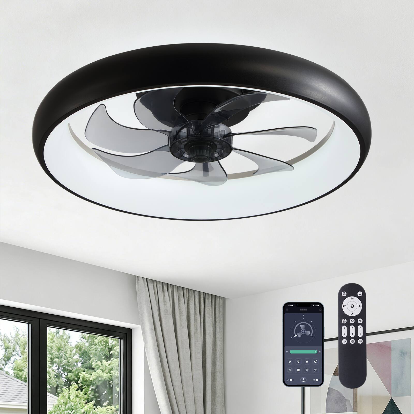 Angle. Siljoy - 20 Inch Black Flush Mount Ceiling Fan with LED Lights, Remote & APP Control for Bedroom Living Room Kitchen - Black.