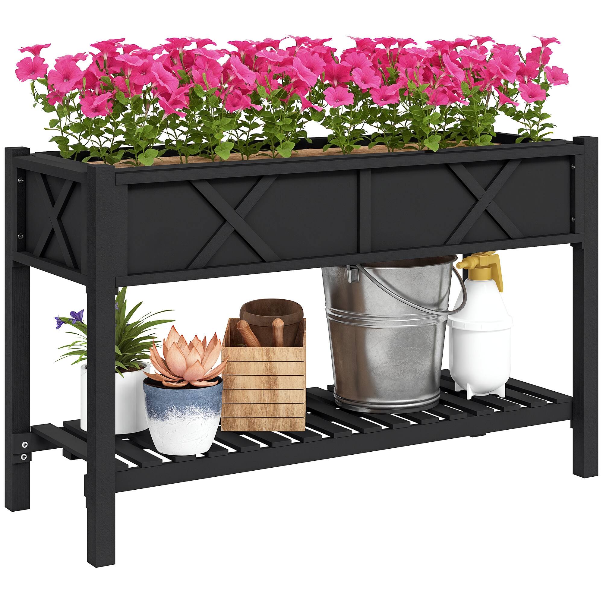 Outsunny - Garden Bed, 47 x 22 x 31.5 in. Elevated Wood Planter Box with Storage Shelf, Drainage Holes - Black