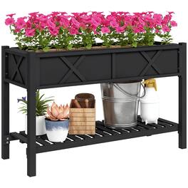 Outsunny - Raised Garden Bed, Elevated Wood Planter Box with Storage Shelf, Drainage Holes, and Liner, 47 x 22 x 31.5 in - Black