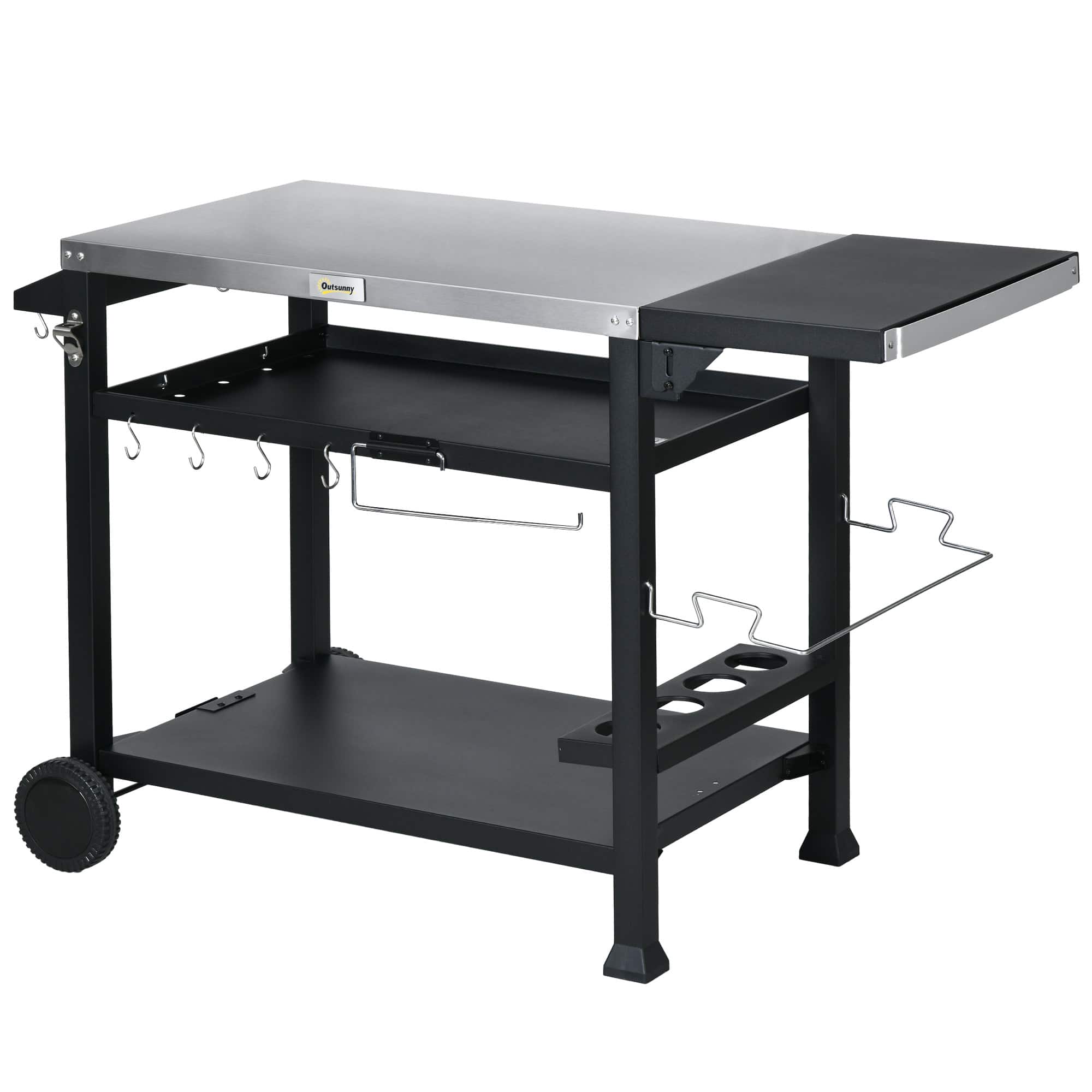 Outsunny - Outdoor Grill Cart Table with Foldable Side Table - Black