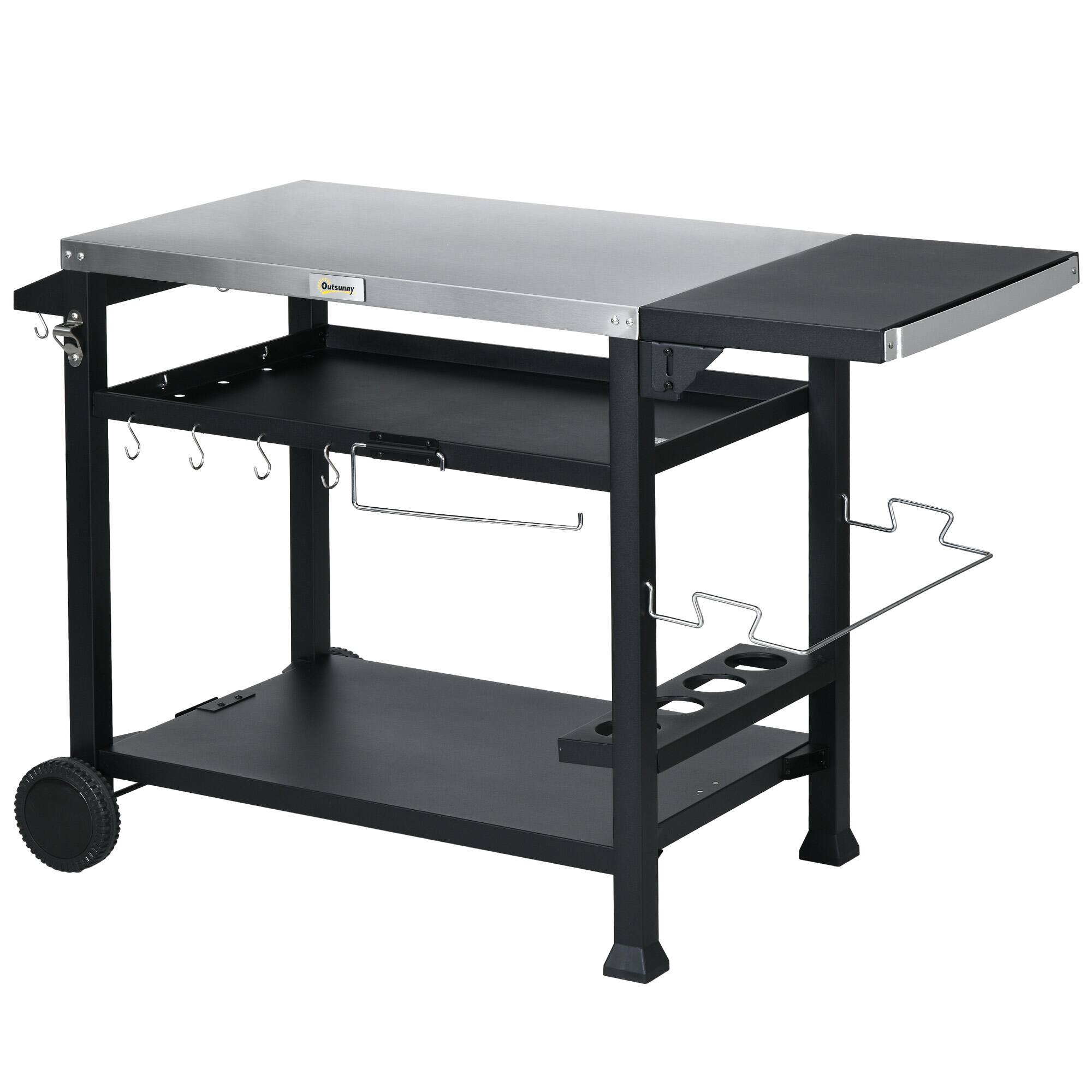 Front. Outsunny - Outdoor Grill Cart Table with Foldable Side Table - Black.