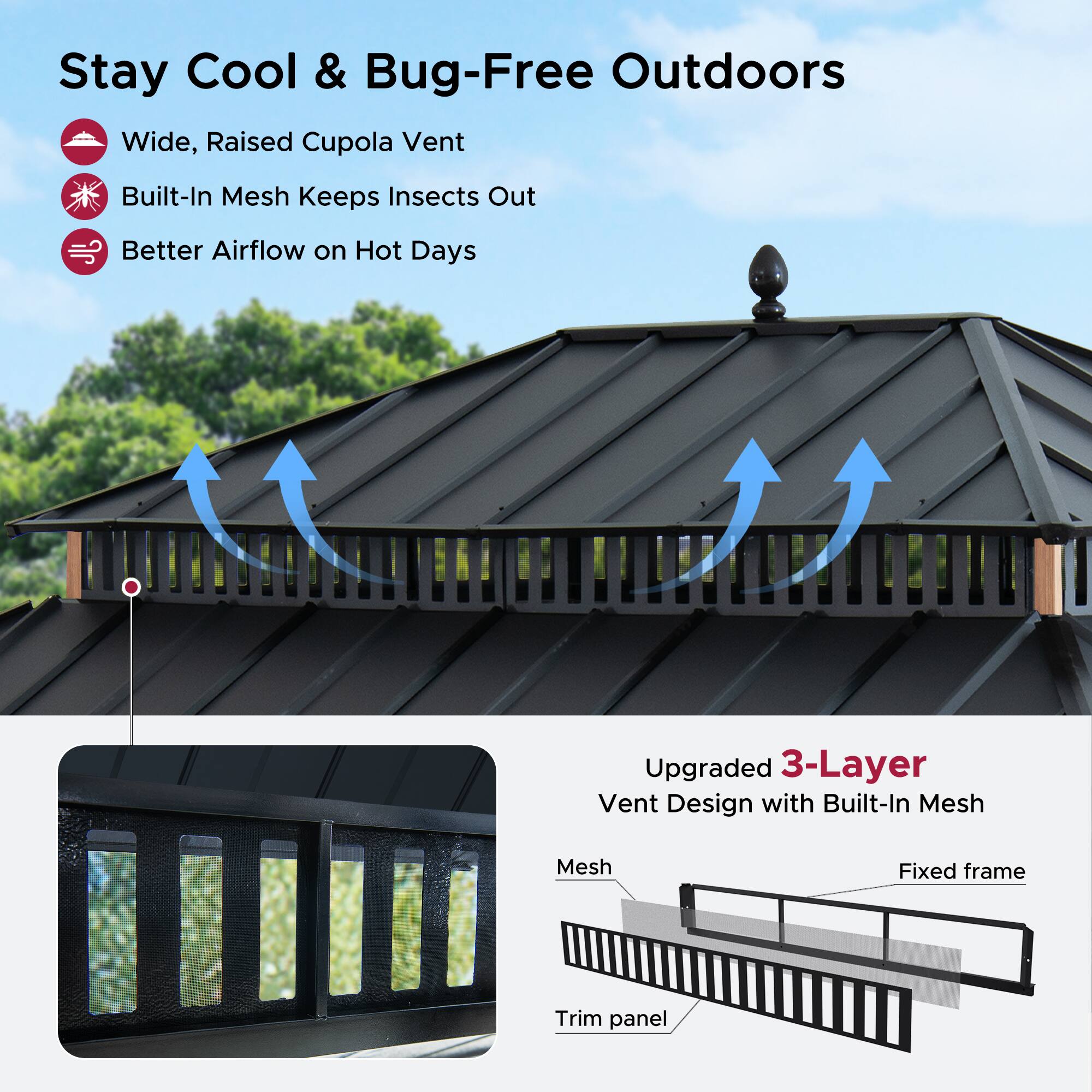 Stay Cool & Bug-Free Outdoors

- Wide, Raised Cupola Vent
- Built-In Mesh Keeps Insects Out
- Better Airflow on Hot Days

Upgraded 3-Layer Vent Design with Built-In Mesh

- Mesh
- Fixed frame
- Trim panel