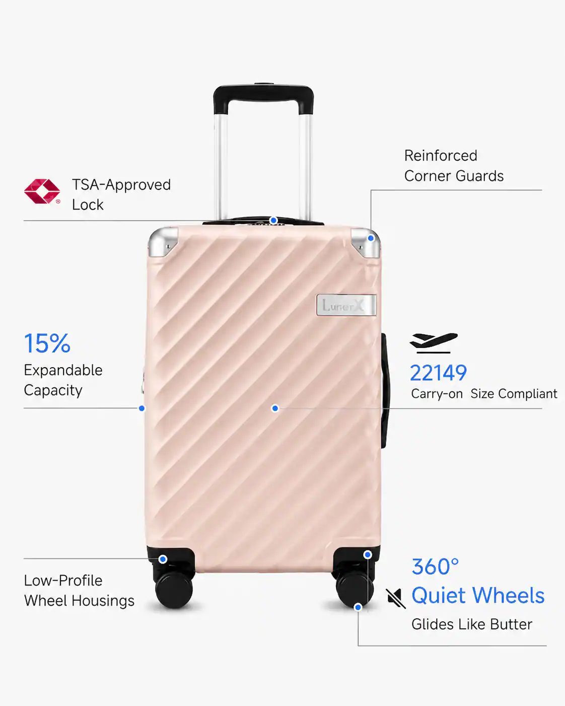 TSA-Approved Lock  
Reinforced Corner Guards  
LunerX  
15% Expandable Capacity  
22149 Carry-on Size Compliant  
Low-Profile Wheel Housings  
360° Quiet Wheels  
Glides Like Butter