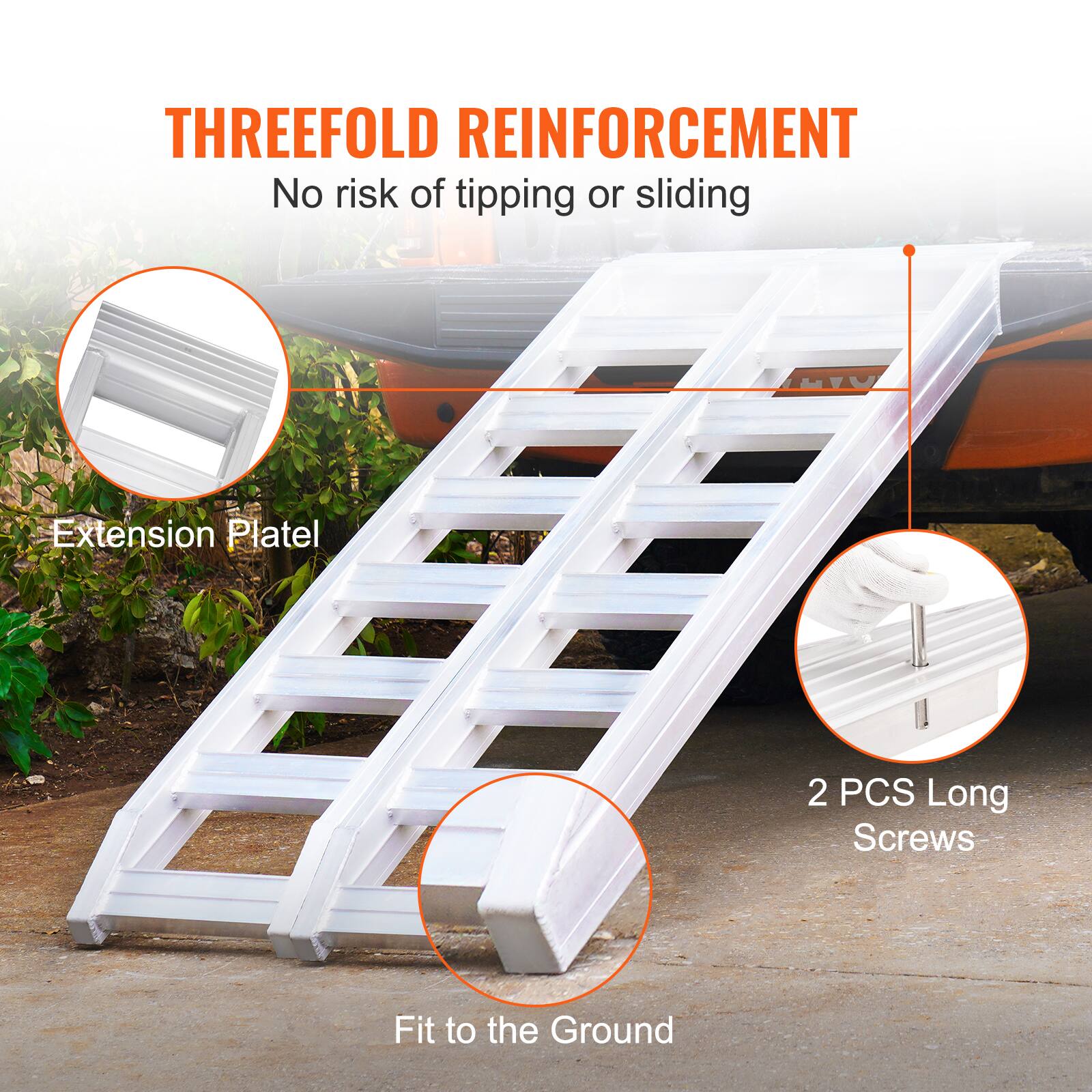 THREEFOLD REINFORCEMENT  
No risk of tipping or sliding  

Extension Plate  
2 PCS Long Screws  
Fit to the Ground