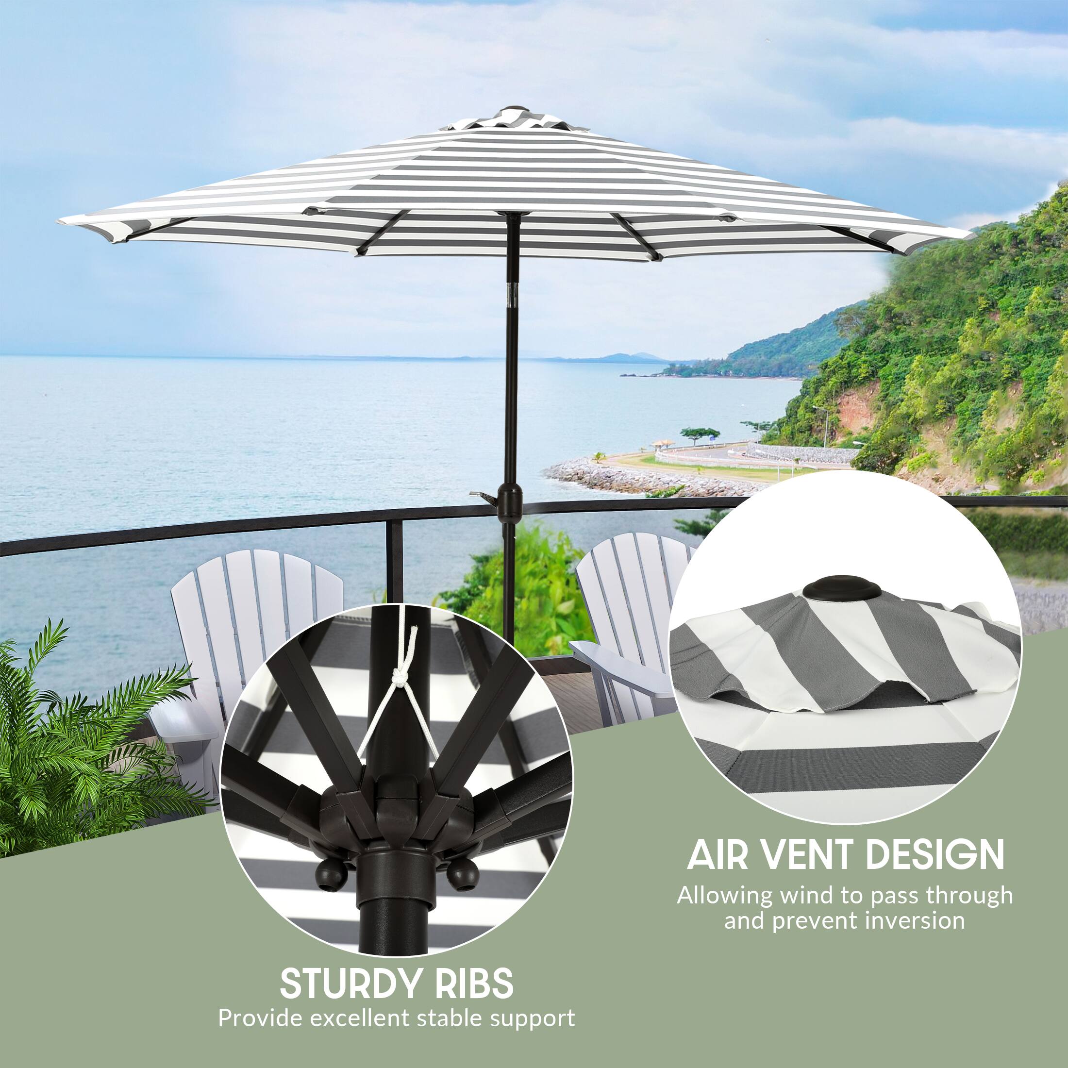 AIR VENT DESIGN  
Allowing wind to pass through and prevent inversion  

STURDY RIBS  
Provide excellent stable support