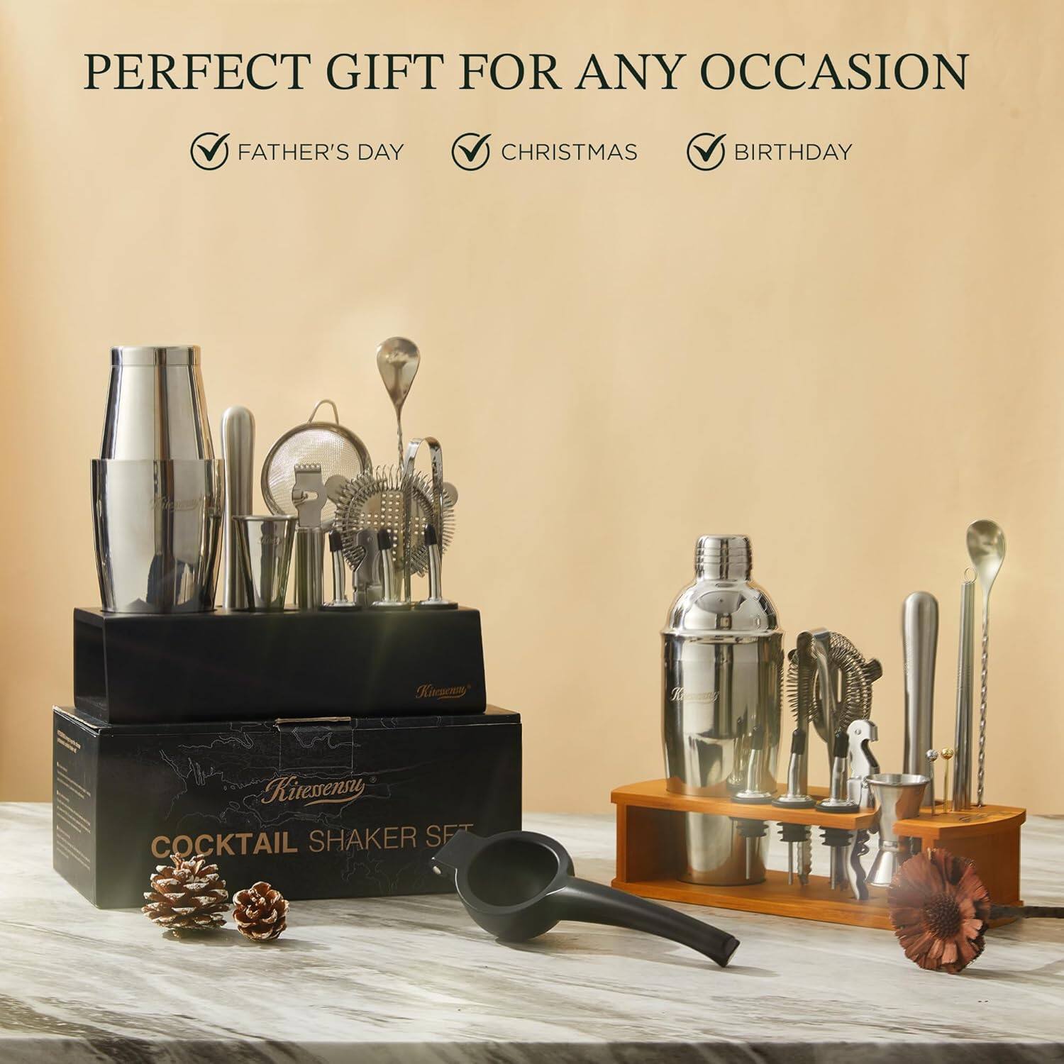 PERFECT GIFT FOR ANY OCCASION

FATHER'S DAY  
CHRISTMAS  
BIRTHDAY  

COCKTAIL SHAKER SET