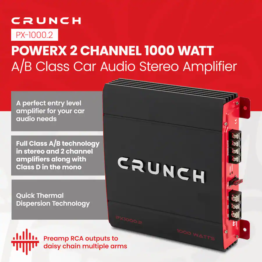 Crunch PX-1025.2 II Class A/B Car Amplifier - 1000W Max, 2 Channel Stereo Amp With Bass Boost