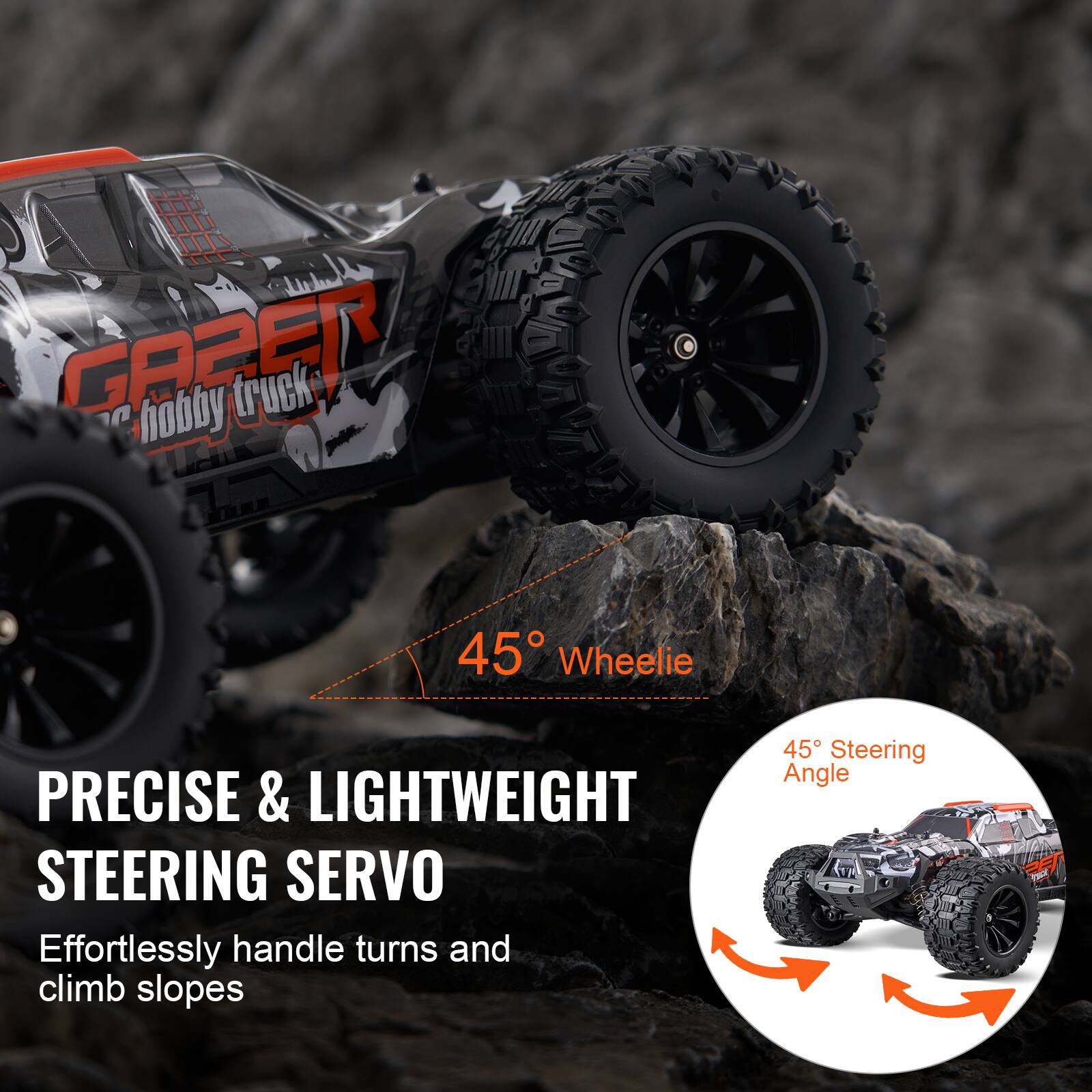 GAPET hobby truck

PRECISE & LIGHTWEIGHT STEERING SERVO

Effortlessly handle turns and climb slopes

45° Wheelie

45° Steering Angle