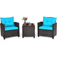 Costway 3PCS Patio Rattan Furniture Set Cushioned Conversation Set Sofa - Turquoise - Front_Zoom