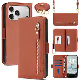 UUCOVER - Flip Wallet Case for Apple iPhone 17 Pro Max with Zipper Pocket, Cash Holder, RFID Card Slots, Mirror and Shoulder Strap - Brown