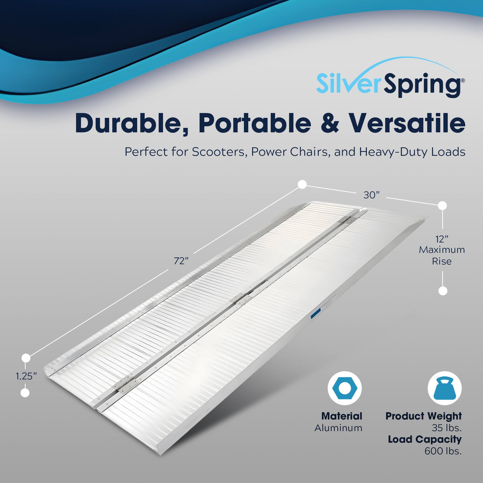 Silver Spring  
Durable, Portable & Versatile  
Perfect for Scooters, Power Chairs, and Heavy-Duty Loads  

- 72"  
- 30"  
- 12" Maximum Rise  
- 1.25"  

Material: Aluminum  
Product Weight: 35 lbs.  
Load Capacity: 600 lbs.