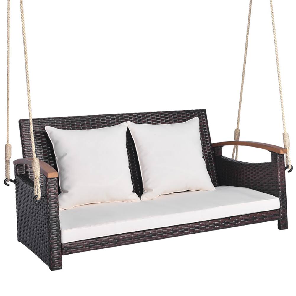 Angle. Pefilos - 2-Person Patio Rattan Porch Swing, 2-Seater Hanging Bench, Pillow for Backyar Garen Poolsid - White.