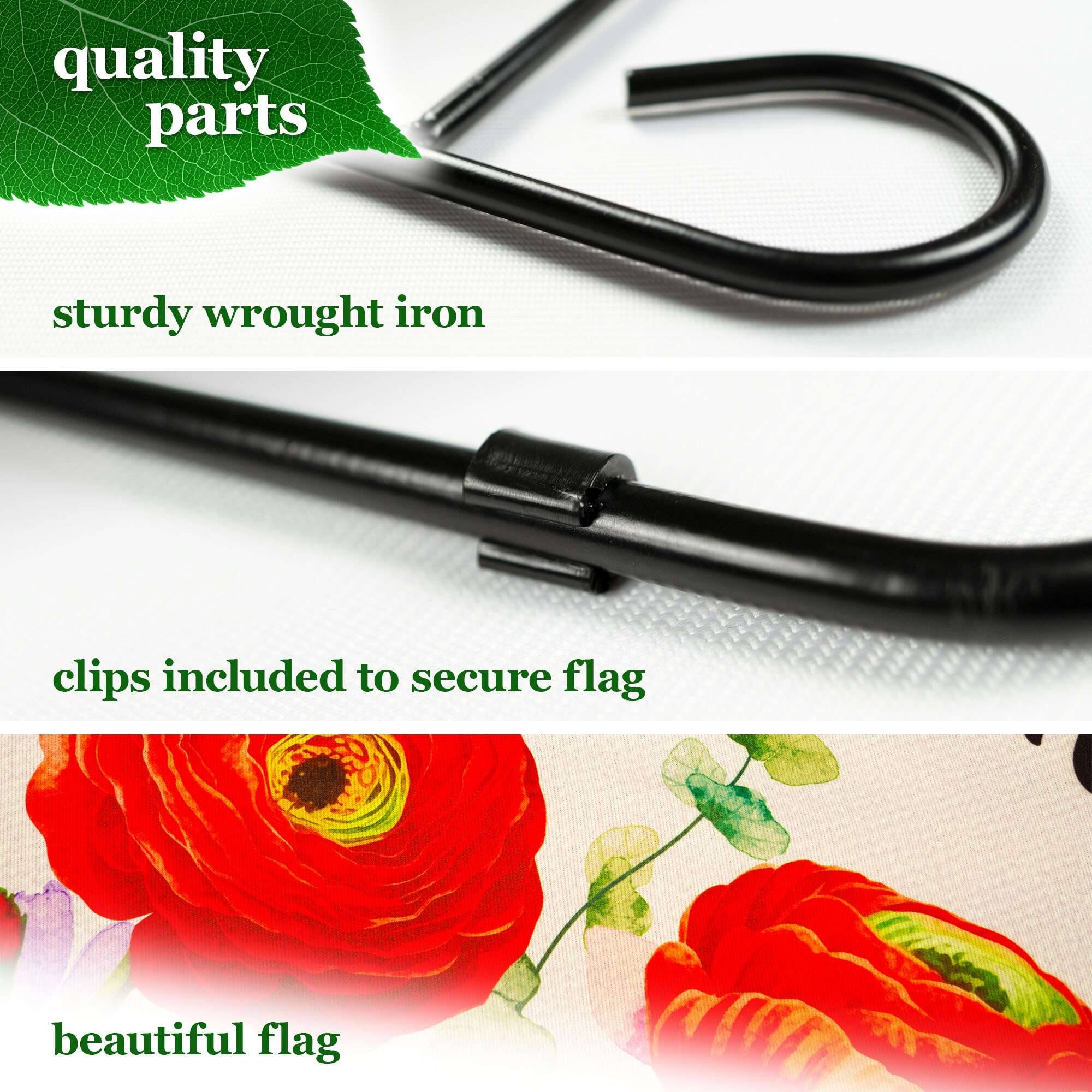 quality parts  
sturdy wrought iron  
clips included to secure flag  
beautiful flag