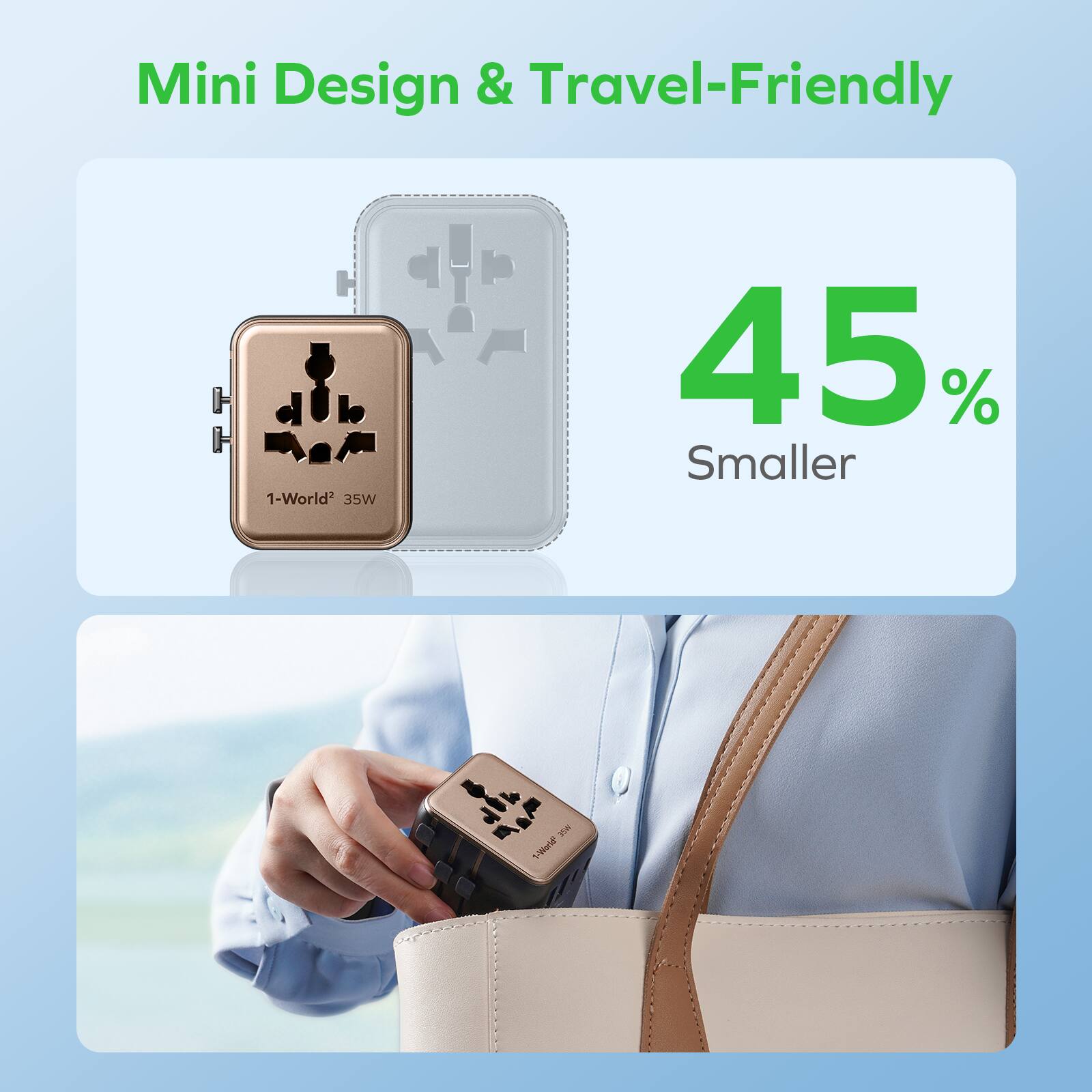 Mini Design & Travel-Friendly  
45% Smaller  
1-World² 35W