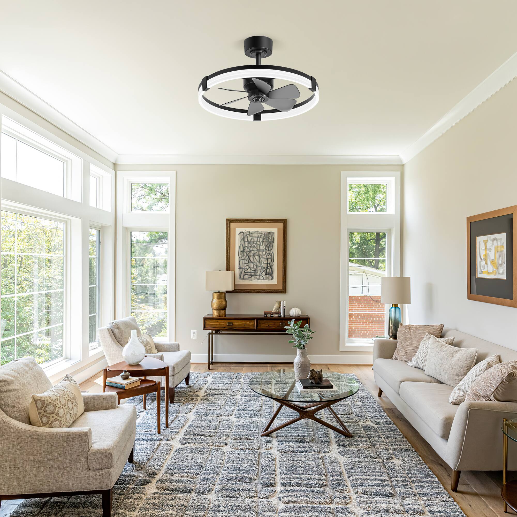 Angle. Breezary - 23-Inch Detachable Enclosed Ceiling Fan with LED Light, Remote, Reversible DC Motor, 6 Blades & Dimmable Lighting - Black and Slate Blue.