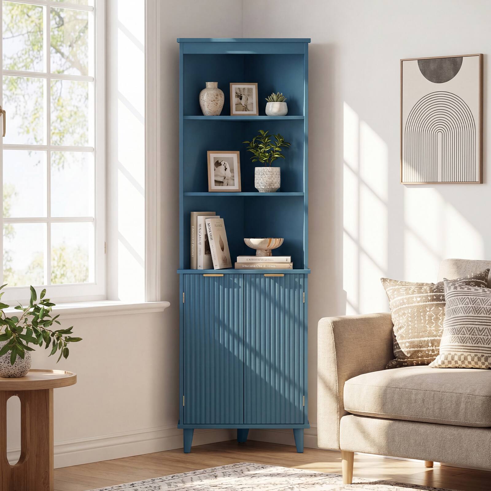 Alt View 1. Costway - Costway 68" Tall Corner Cabinet with Fluted Doors, Modern Bathroom Floor Storage Cabinet - Blue.