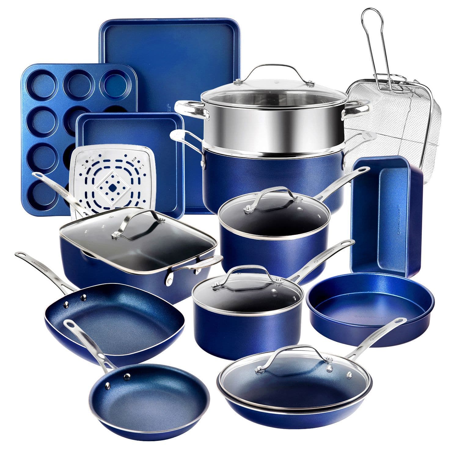 Front. Granitestone - Granitestone Blue 20 Piece Nonstick Cookware and Bakeware Set - Blue.
