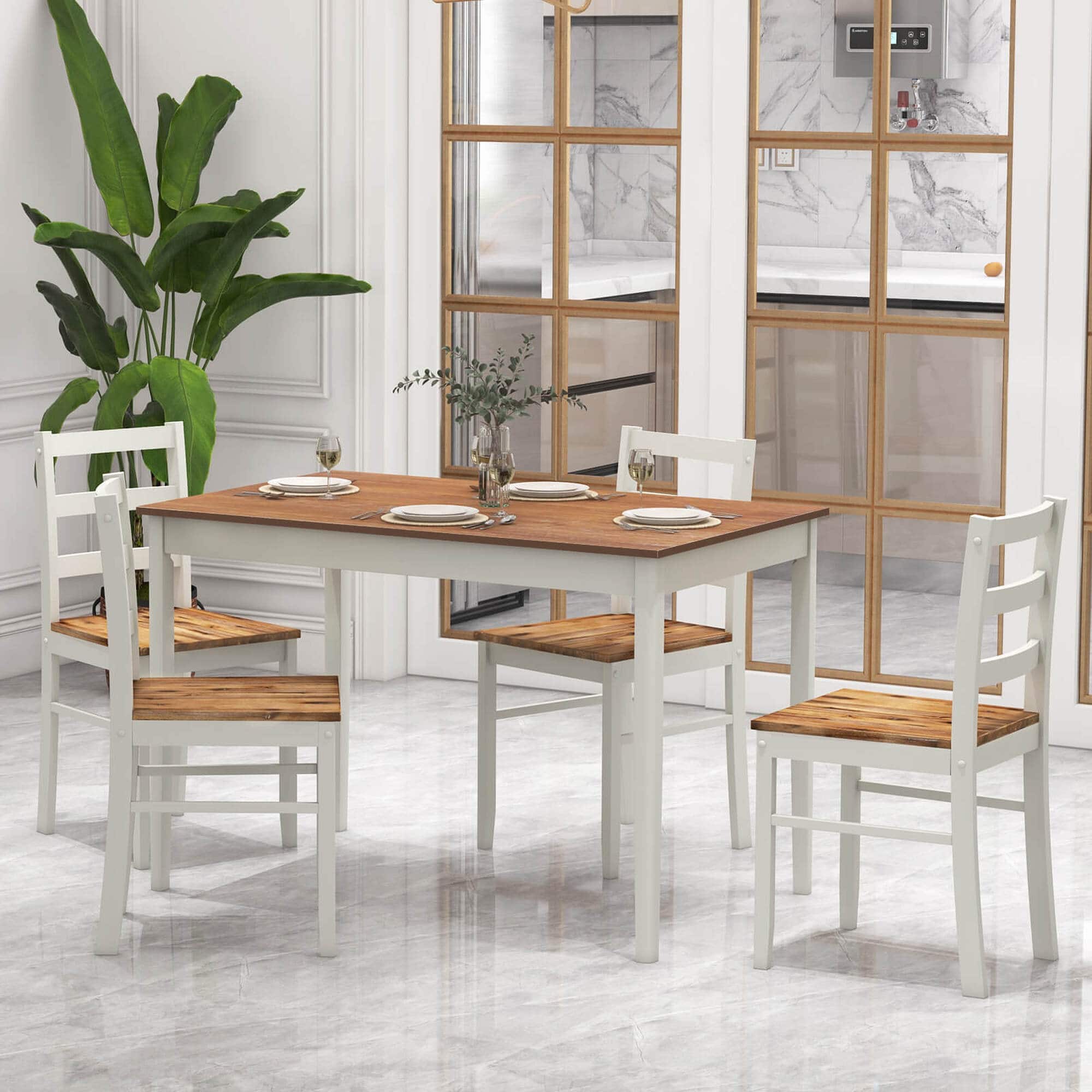 Alt View 12. Costway - 5-Piece Dining Set Solid Wood Kitchen Furniture with Rectangular Table & 4 Chairs - Coffee and White.