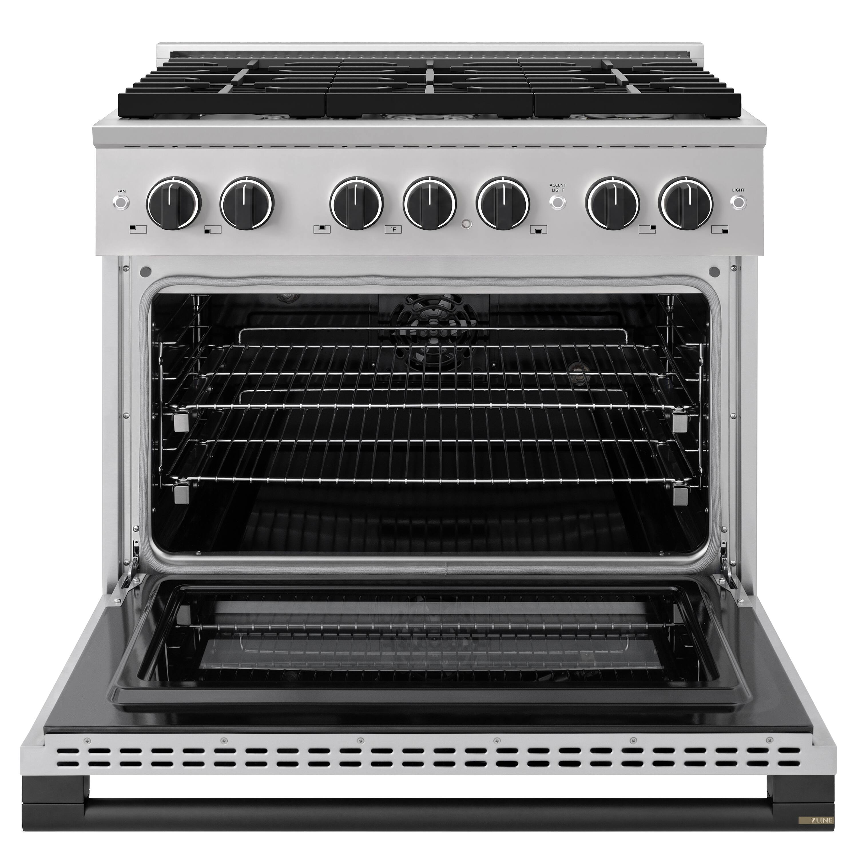 Angle. ZLINE - Autograph 36 in. 5.2 cu. ft. Marino Dual Fuel Freestanding Range w/ 6 Gas Burners & Convection Oven w/ Black Accents - Stainless Steel.
