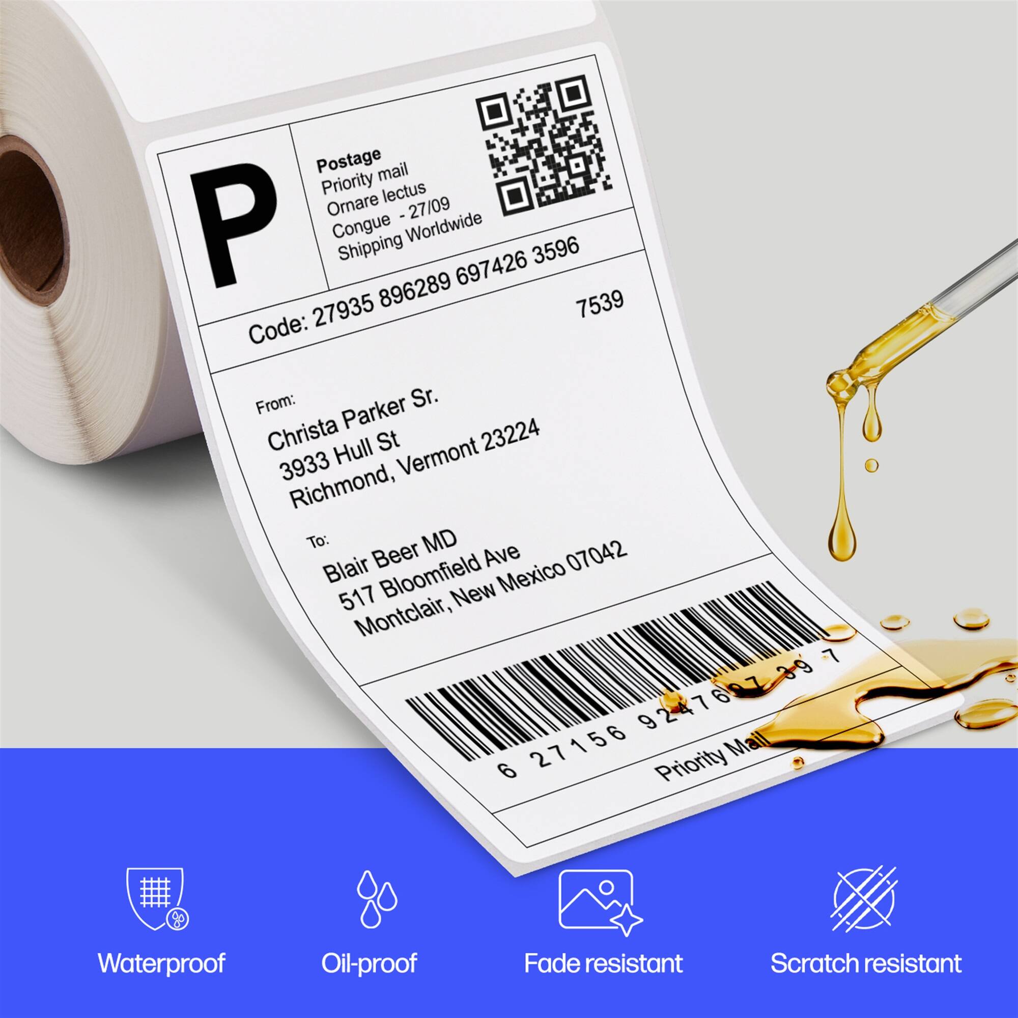 Postage: Priority mail
Omare: 27/09
P: Congue
Shipping: Worldwide
Code: 27935 896289 697426 3596 7539
From: Christa Parker Sr.
Hull St: 3933
Richmond, Vermont: 23224
To: Blair Beer MD
Ave: 07042
Bloomfield: 517
Mexico: New Montclair
Barcode: 397 7 92476 27156
Ma: 6
Priority: Waterproof
Oil-proof
Fade resistant
Scratch resistant