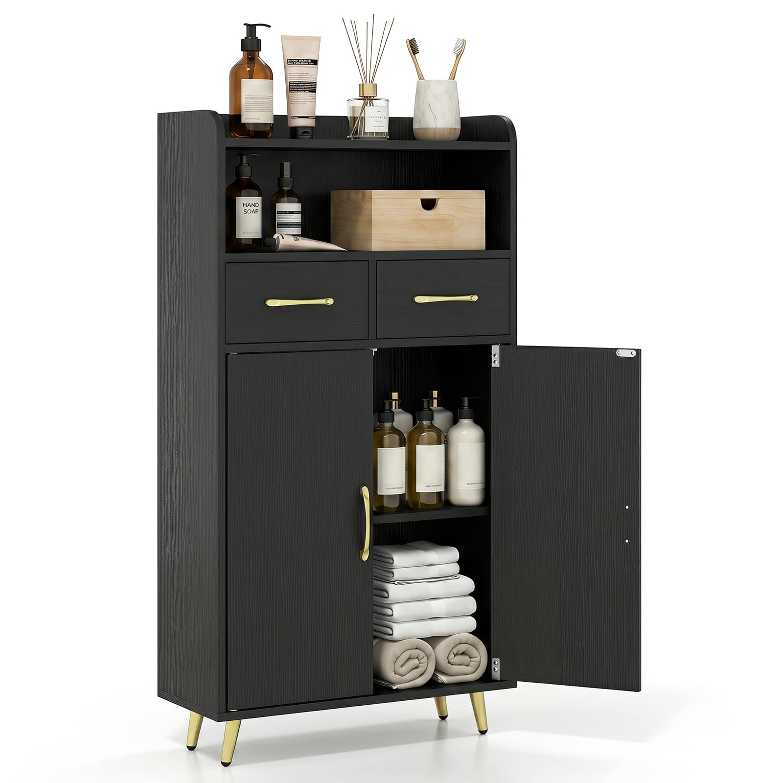 Costway - Bathroom Storage Cabinet with 2 Drawers and 2 Doors, Adjustable Shelf & Metal Legs - Black price history on PriceWatchPro