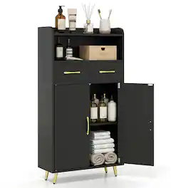 Costway - Bathroom Storage Cabinet with 2 Drawers and 2 Doors, Adjustable Shelf & Metal Legs - Black