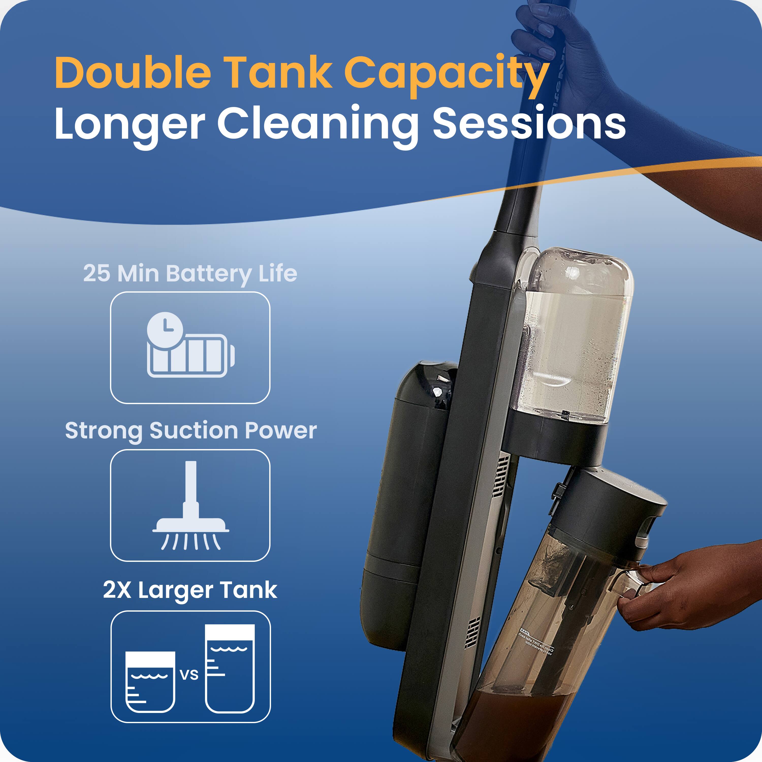 Double Tank Capacity Longer Cleaning Sessions  
25 Min Battery Life  
Strong Suction Power  
2X Larger Tank