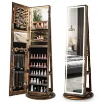 Costway - 360° Swivel Jewelry Cabinet Organizer 3-Color LED Mirror with Built-in Lights - Coffee - Front_Zoom