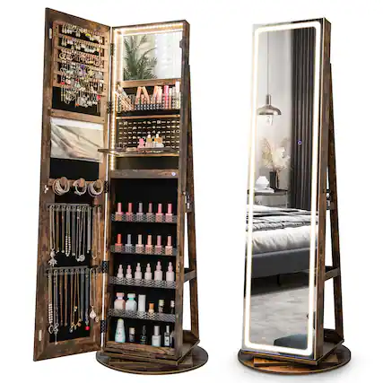 Front. Costway - 360° Swivel Jewelry Cabinet Organizer 3-Color LED Mirror with Built-in Lights Coffee - Coffee.