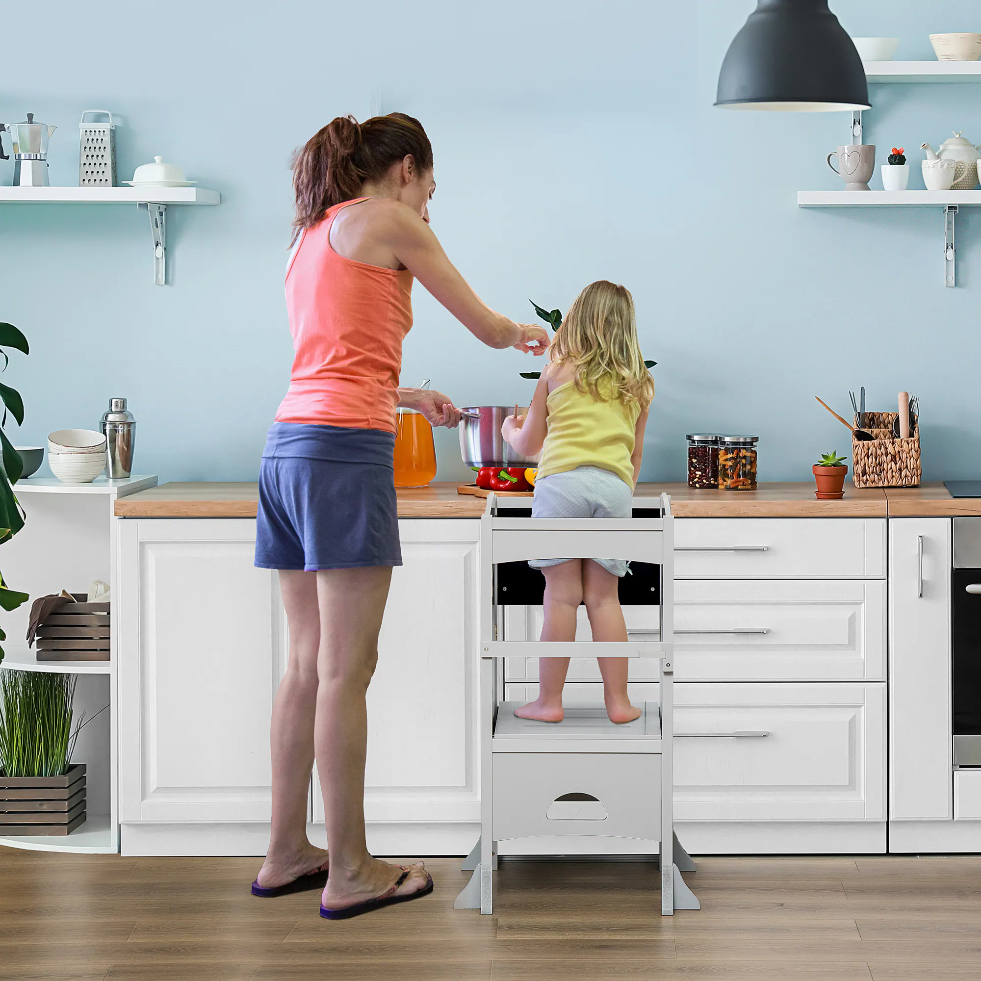 Angle. Qaba - 2 in 1 Kids Foldable Kitchen Step Stool, Toddler Standing Tower with Chalkboard and Lockable Handrail - Grey.