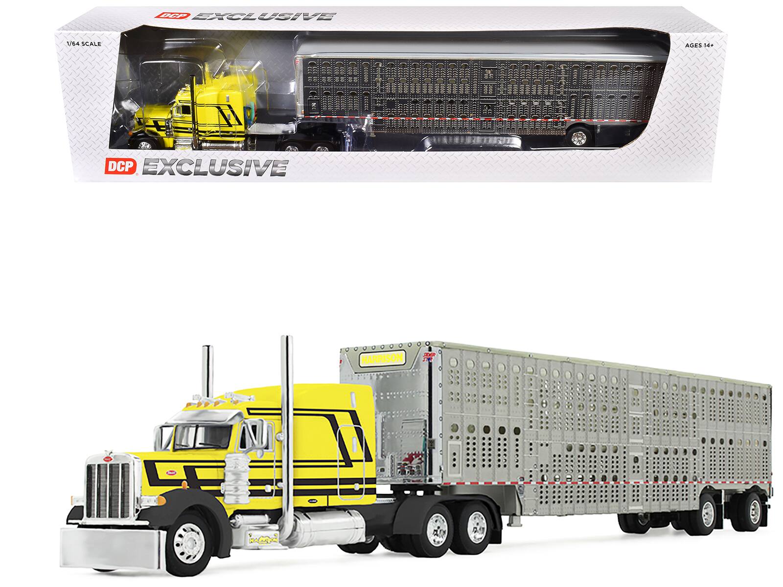First Gear - Peterbilt 379 with 63" Mid-Roof Sleeper and Wilson Silverstar Livestock Trailer Harrison Trucking Yellow Black 1/64 - Yellow with Black