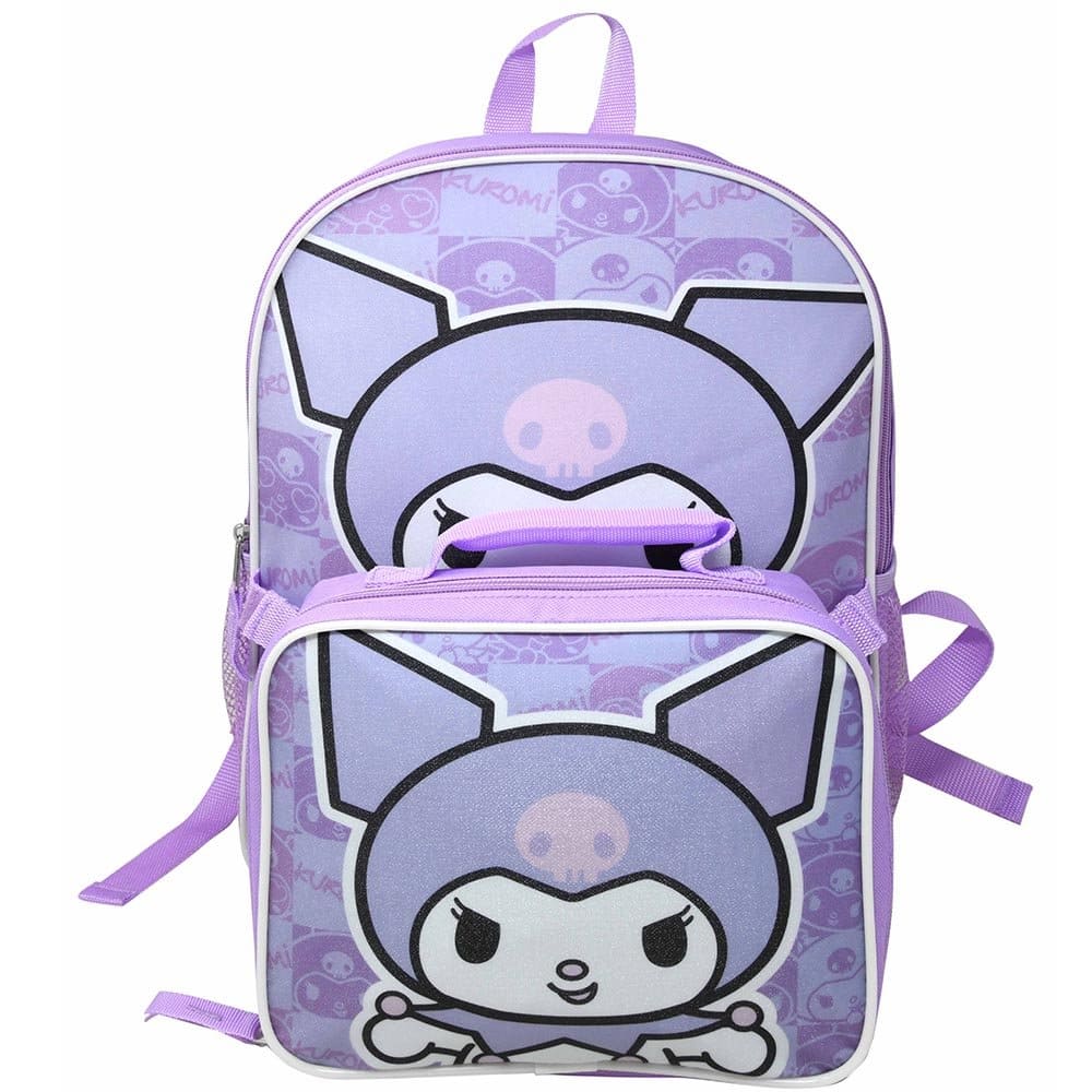Hello Kitty - Kuromi 16" Purple School Backpack and Rectangular Lunch Bag Attached - Multicolored