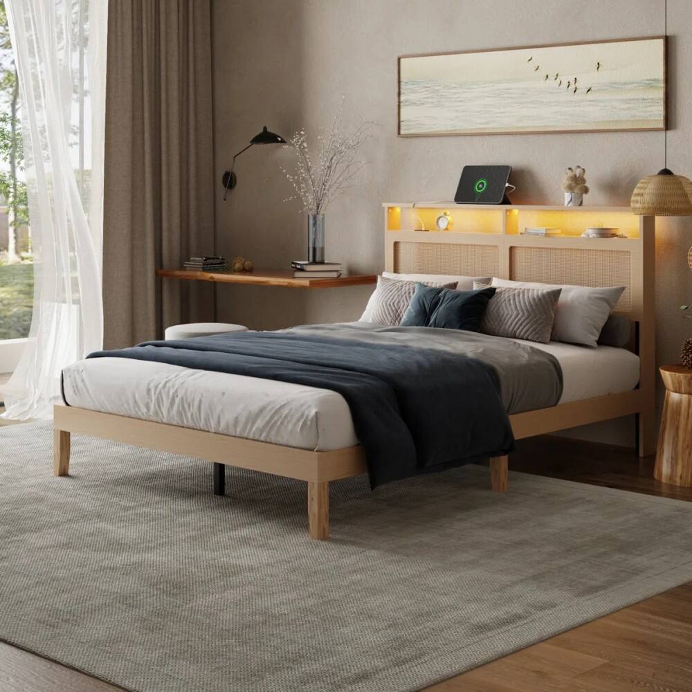 Alt View 3. Furnulem - Queen Bed Frame With Natural Rattan Headboard Platform Bed Frame With LED Lights And Storage - Gold.