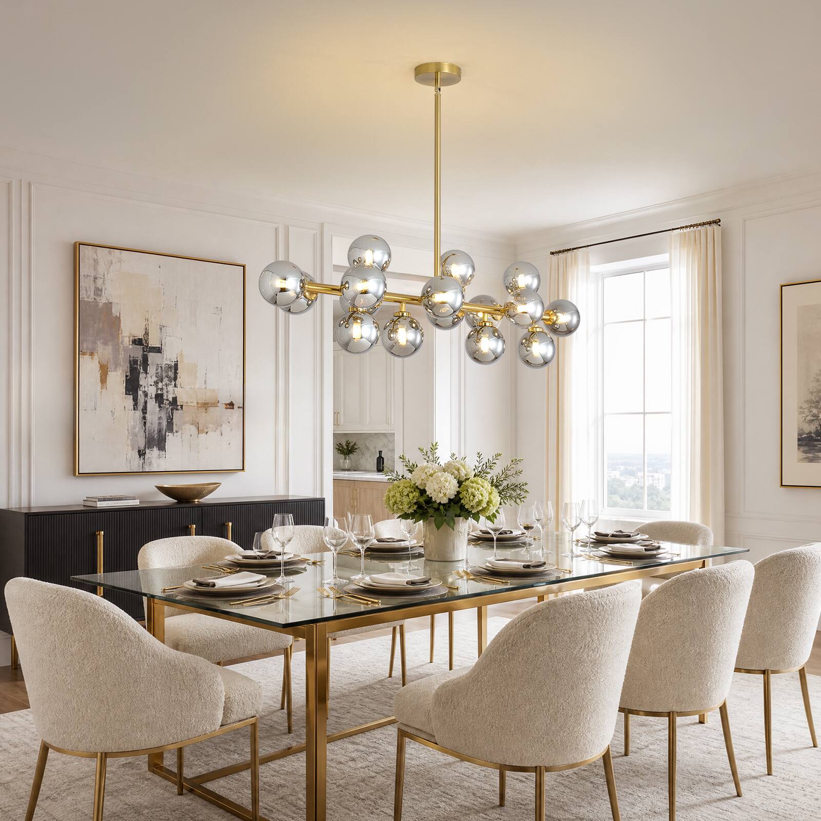 Back. Siljoy - 39.4 Inch Linear Modern Gold Molecular Chandelier, Smoked Glass Globe Pendant Light for Dining Room, Kitchen Island - Smoked Glass.