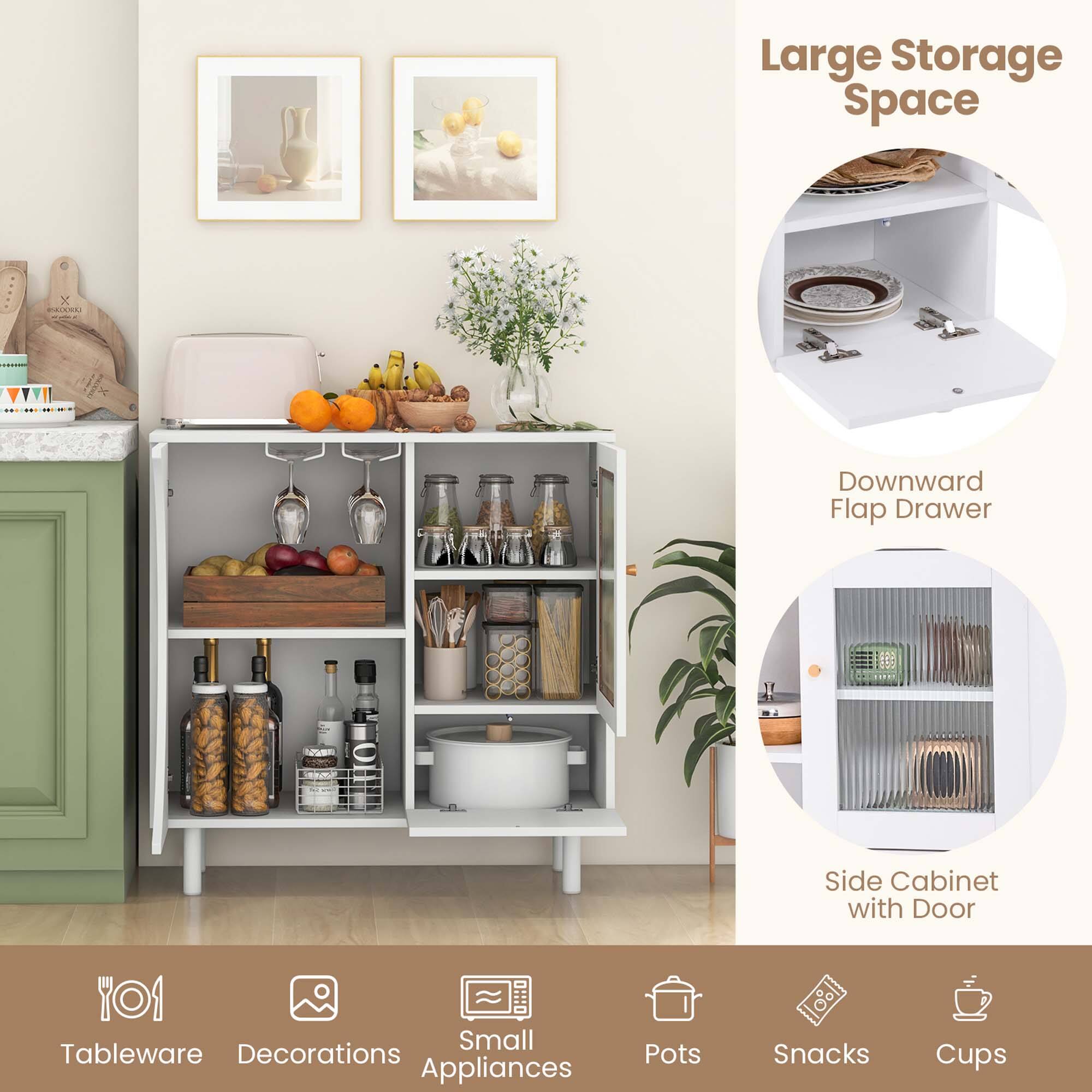 Large Storage Space:

* Downward Flap Drawer
* Side Cabinet with Door
* Small Tableware Decorations
* Appliances
* Pots
* Snacks
* Cups