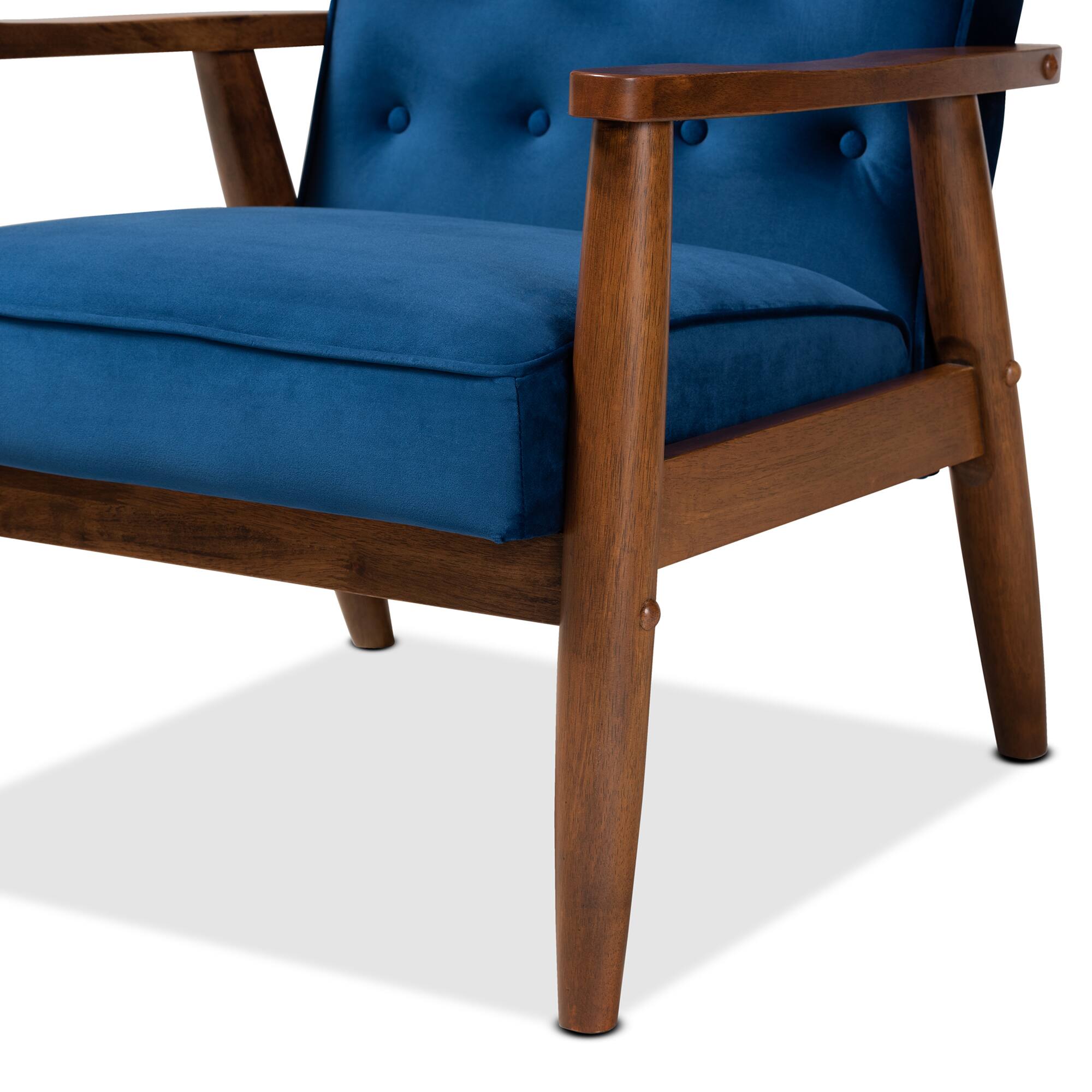 Alt View 2. Baxton Studio - Sorrento Mid-century Modern Velvet Fabric Upholstered Walnut Finished Wooden Lounge Chair - Navy Blue/Brown.