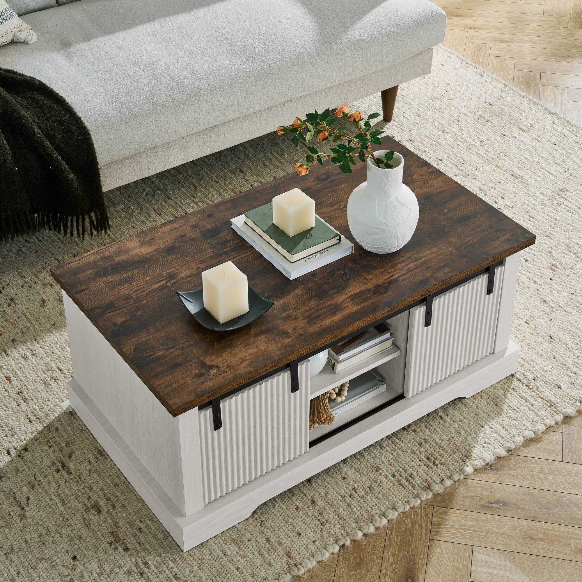 Alt View 4. Aukfa - 41.3 Inch Coffee Table with Storage - Sliding Wood Door, Adjustable Shelves, Farmhouse Style for Living/Meeting Room - White.