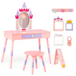 Costway - Kids Vanity Set Princess Makeup Pretend Play Dressing Mirror Castle Girls - Pink