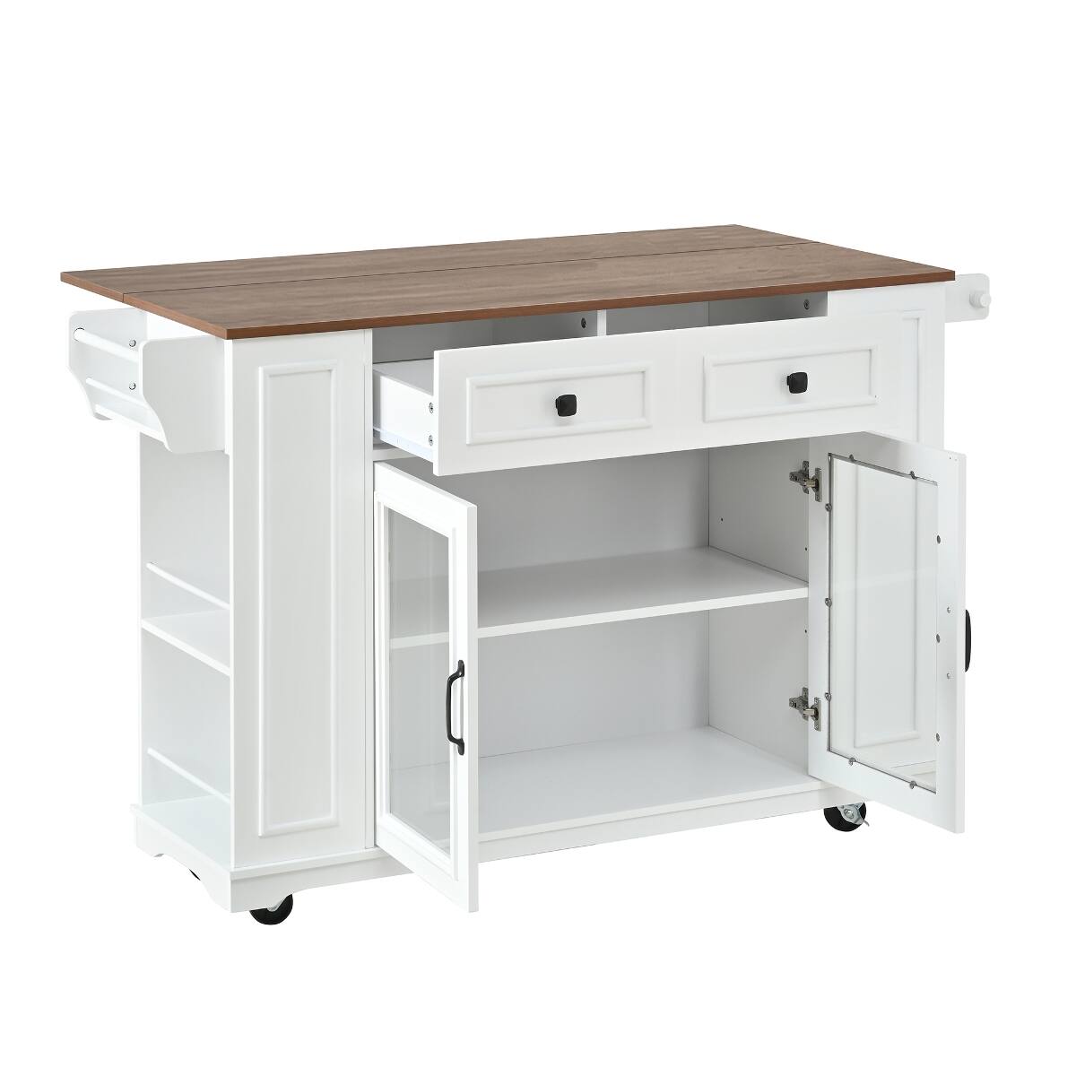 Alt View 4. Loheer - Loheer 54 inch mobile kitchen island with Power Outlet and Glass Doors, White and Walnut - White+Walnut.