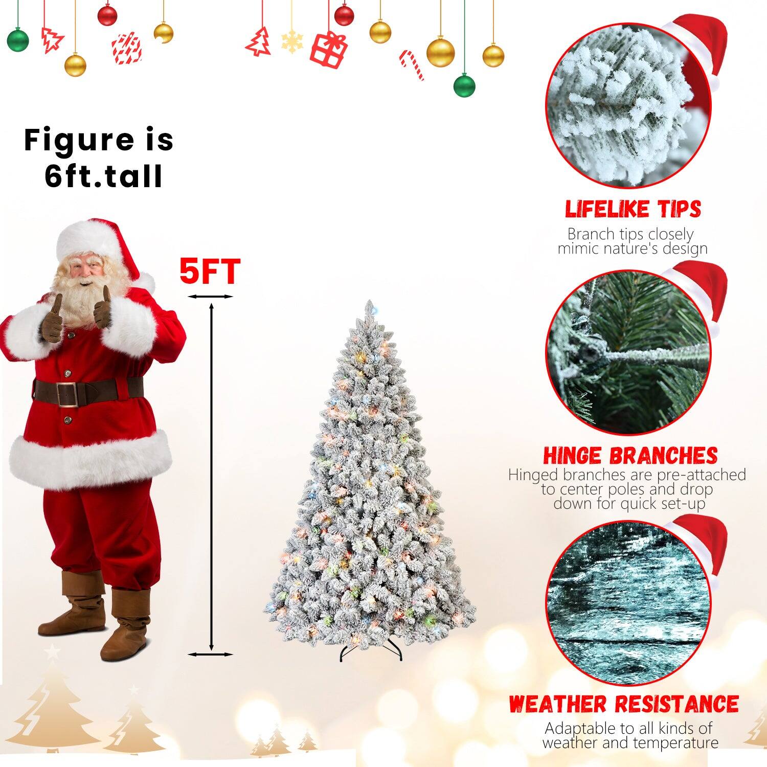 - Figure is 6ft. tall
- 5FT
- LIFELIKE TIPS: Branch tips closely mimic nature's design
- HINGE BRANCHES: Hinged branches are pre-attached to center poles and drop down for quick set-up
- WEATHER RESISTANCE: Adaptable to all kinds of weather and temperature